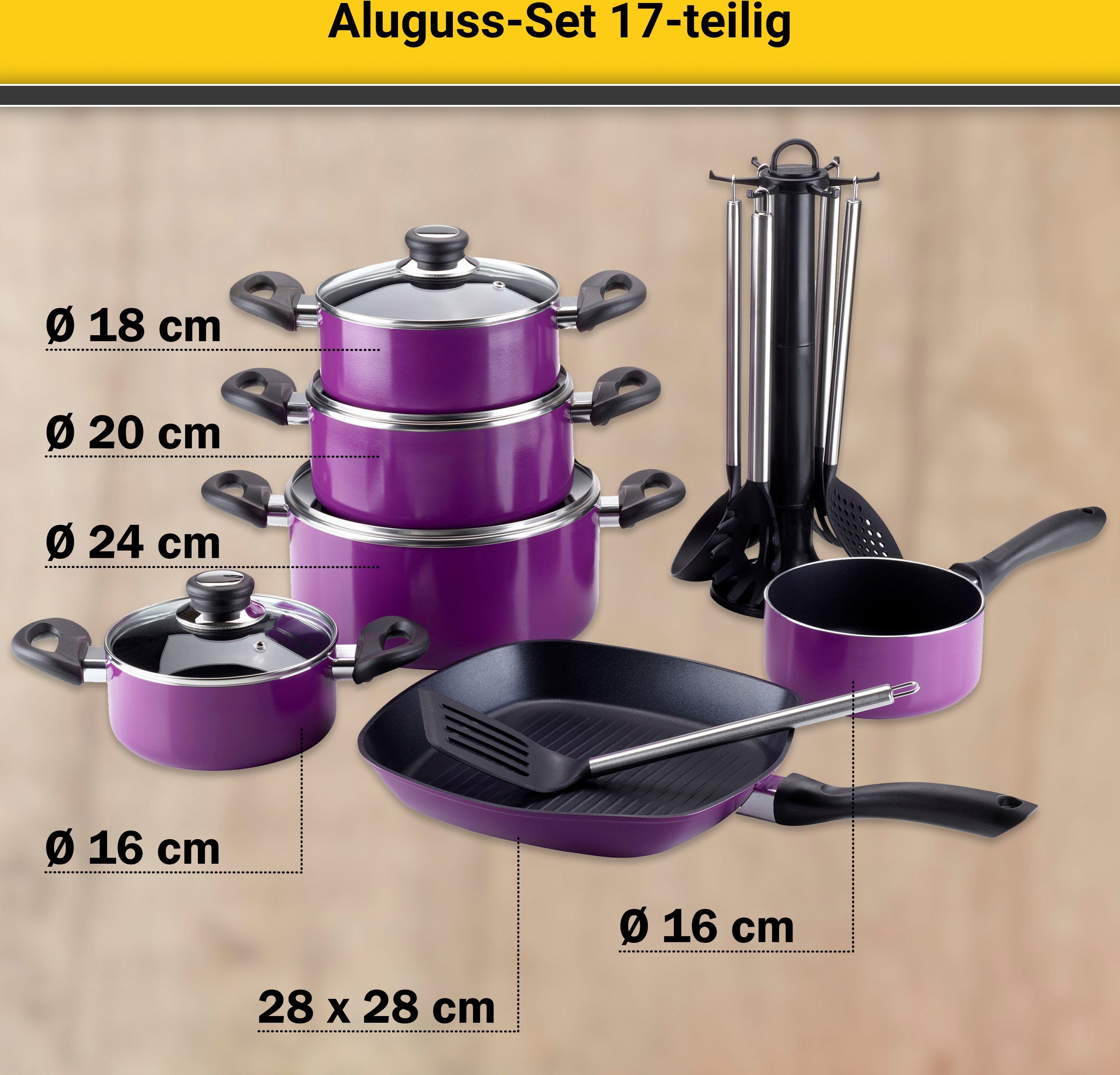 Krüger Pannenset Aluminium pot- en pan-set inclusief praktische keukenhulpmiddelen, 17-delig. (set)