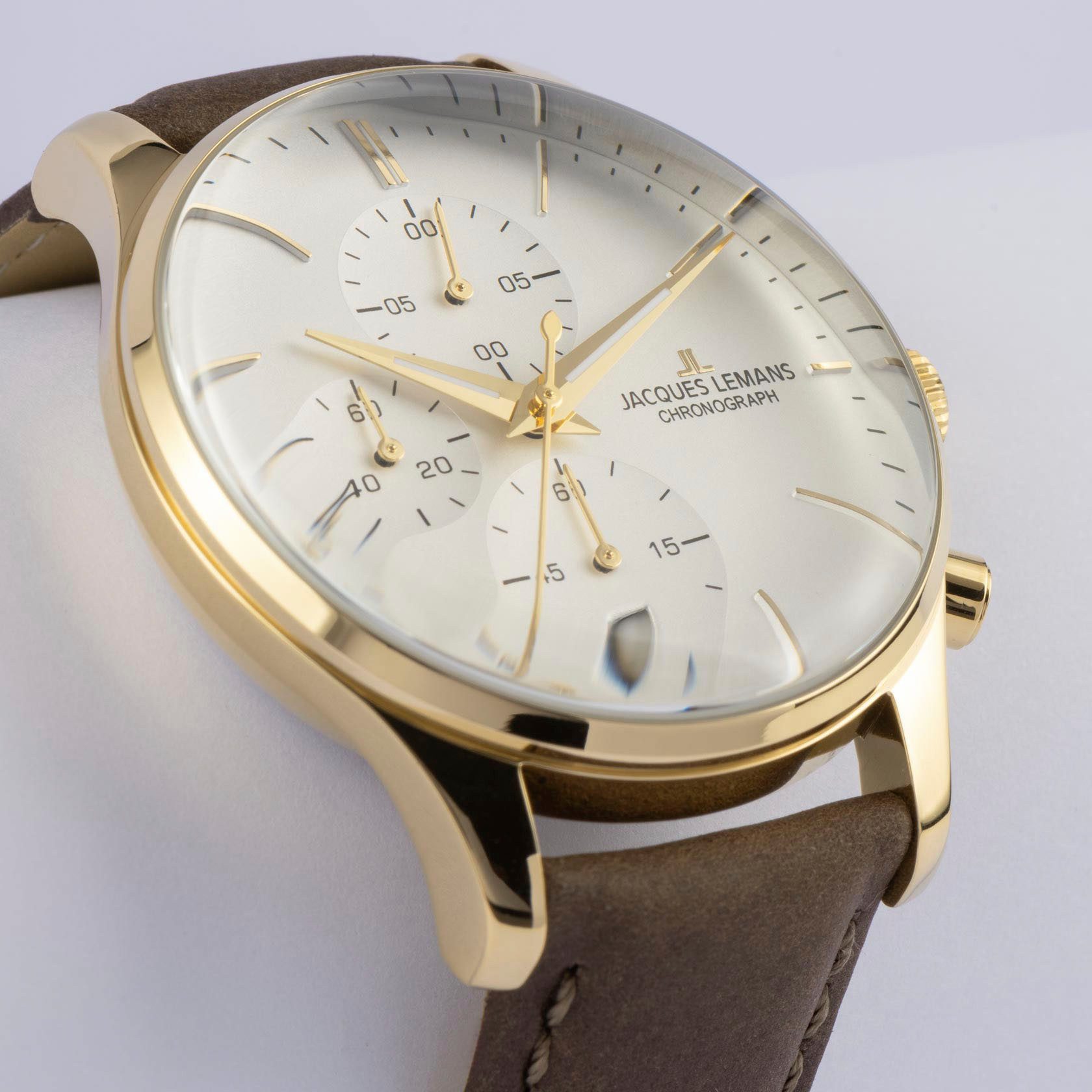 Jacques Lemans Chronograaf Londen Quartzhorloge, horloge, herrenuur, leren band, stopwatchfunctie, datum