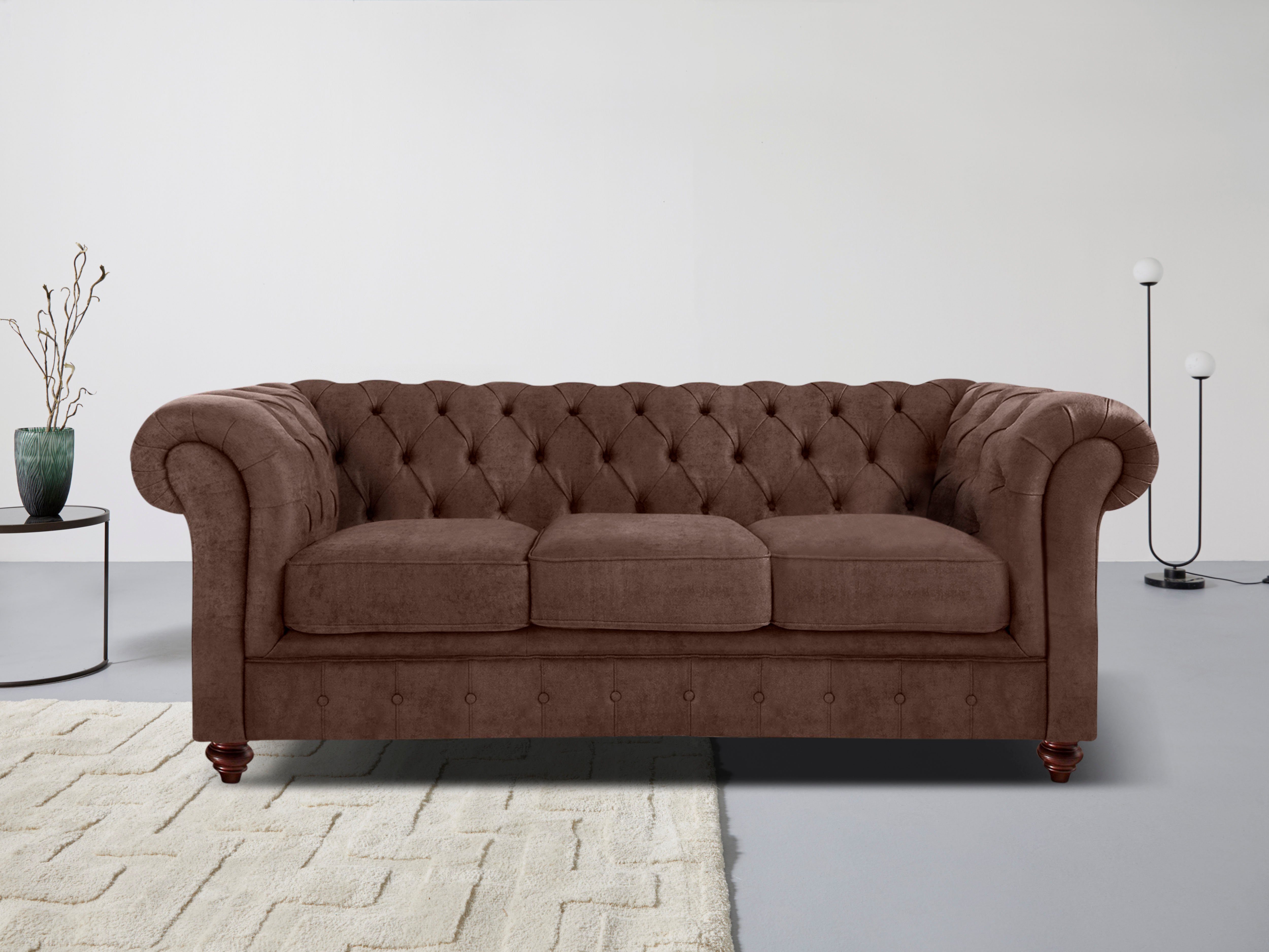 Home affaire Chesterfield-bank Chesterfield 3-zits B/D/H: 198/89/74 cm met hoogwaardige knoopdetails, ook in leer bruin, chesterfield banken