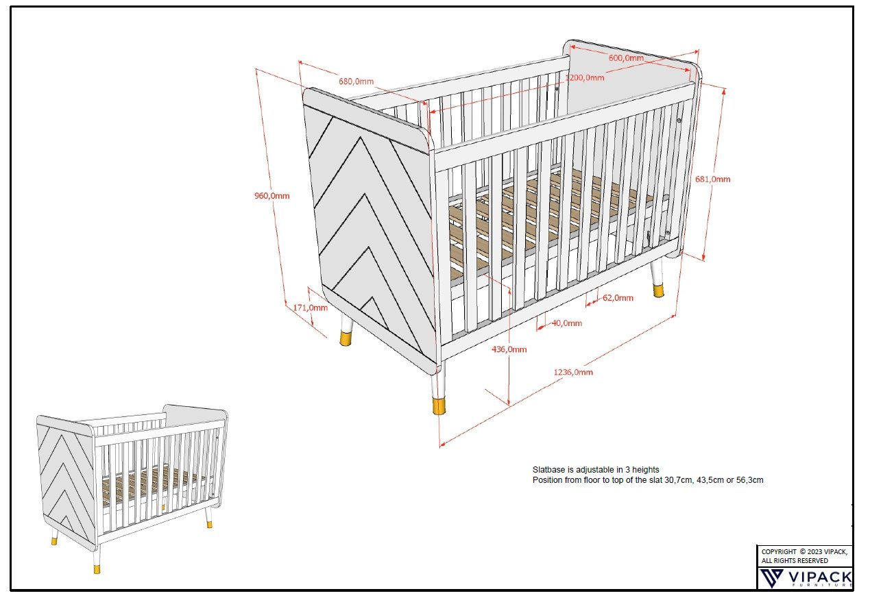 Vipack Kinderledikant met lf 60x120 cm, versterkte lattenbodem, mdf gelakt, keuze uit 3 kleuren