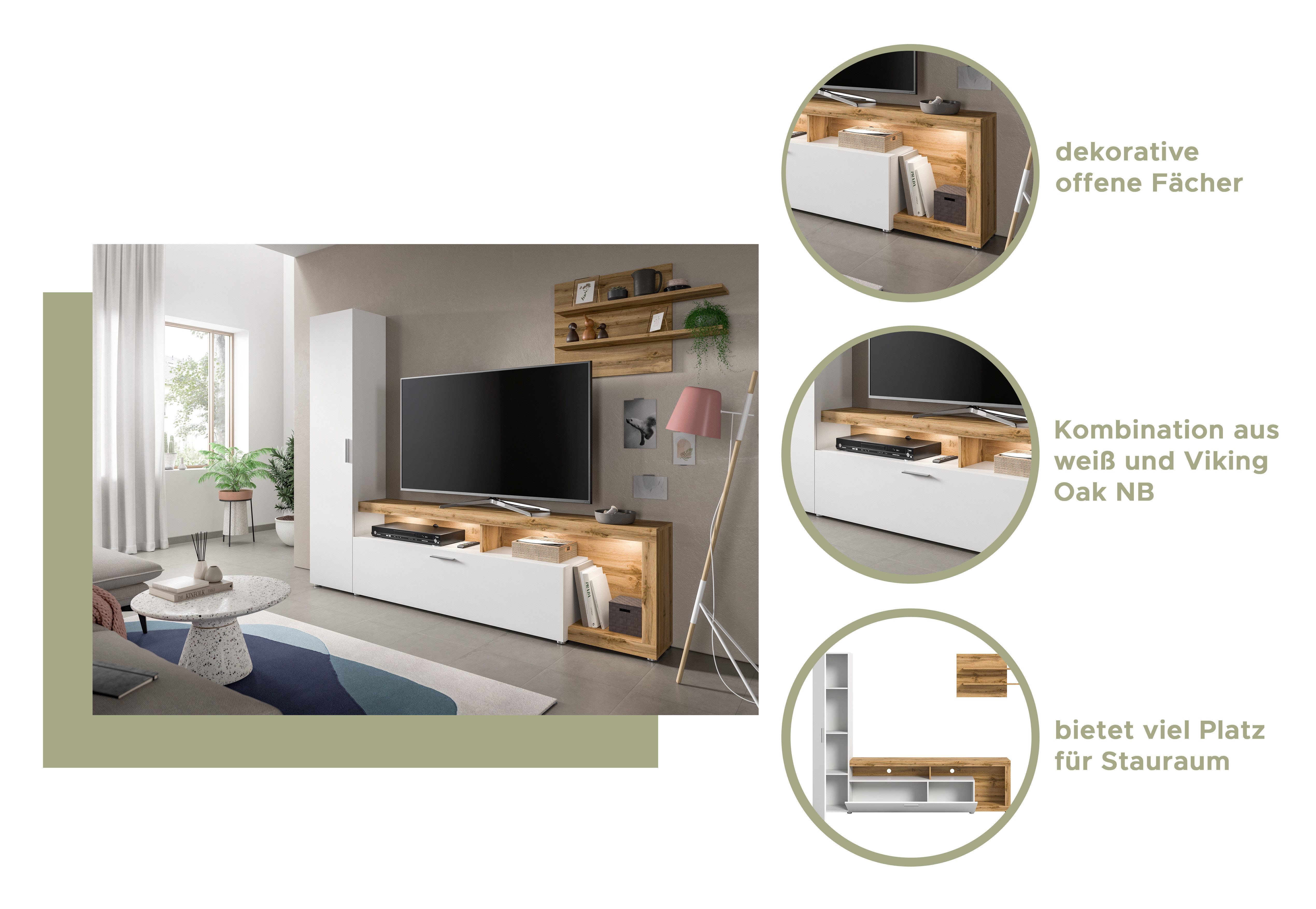 INOSIGN Wandmeubel Kryss, Breedte 218cm, bestaat uit: Hoge kast, Lowboard, Wandplank Woonwand, mediawand, TV-wand, wooncombinatie, combinatie, TV-meubels (3-delig)
