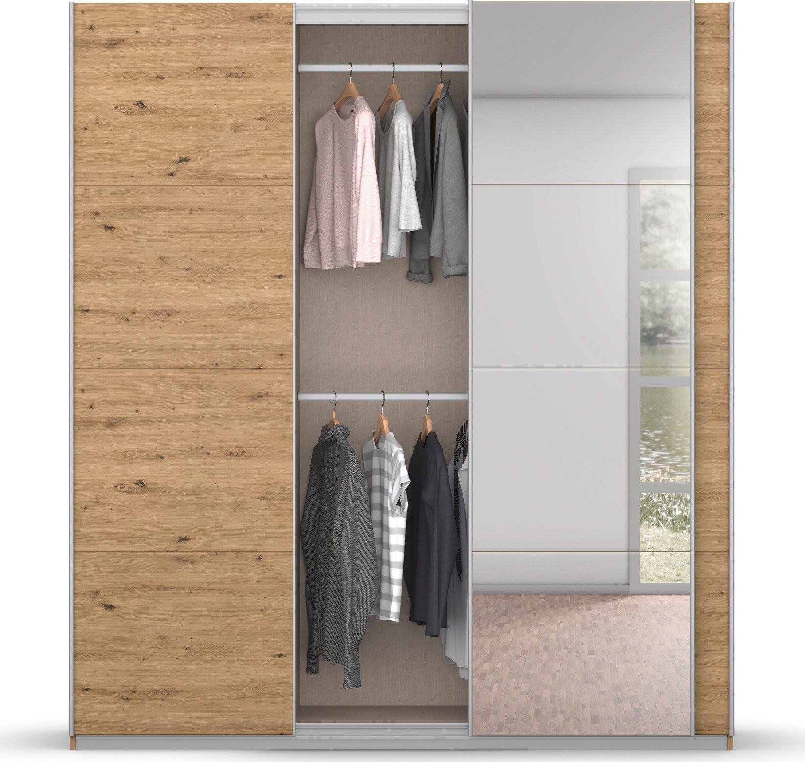 rauch Zweefdeurkast Kledingkast kast garderobe BESTSELLER KOLUNA met spiegel inclusief 2 binnenladen en extra legplanken made in germany