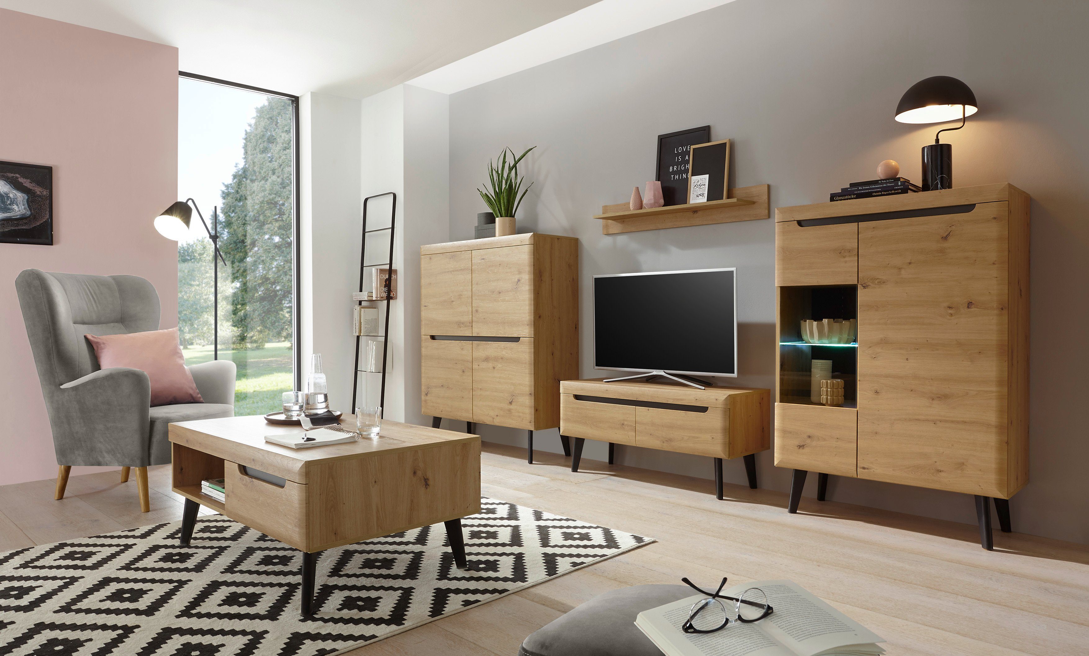 INOSIGN Wandmeubel Torge, wandmeubel, kastwand, mediawand, woonkamer-set bevat 1 vitrine, 1 lowboard, 1 highboard + 1 wandplank, 344 cm breed (set, 4-delig)