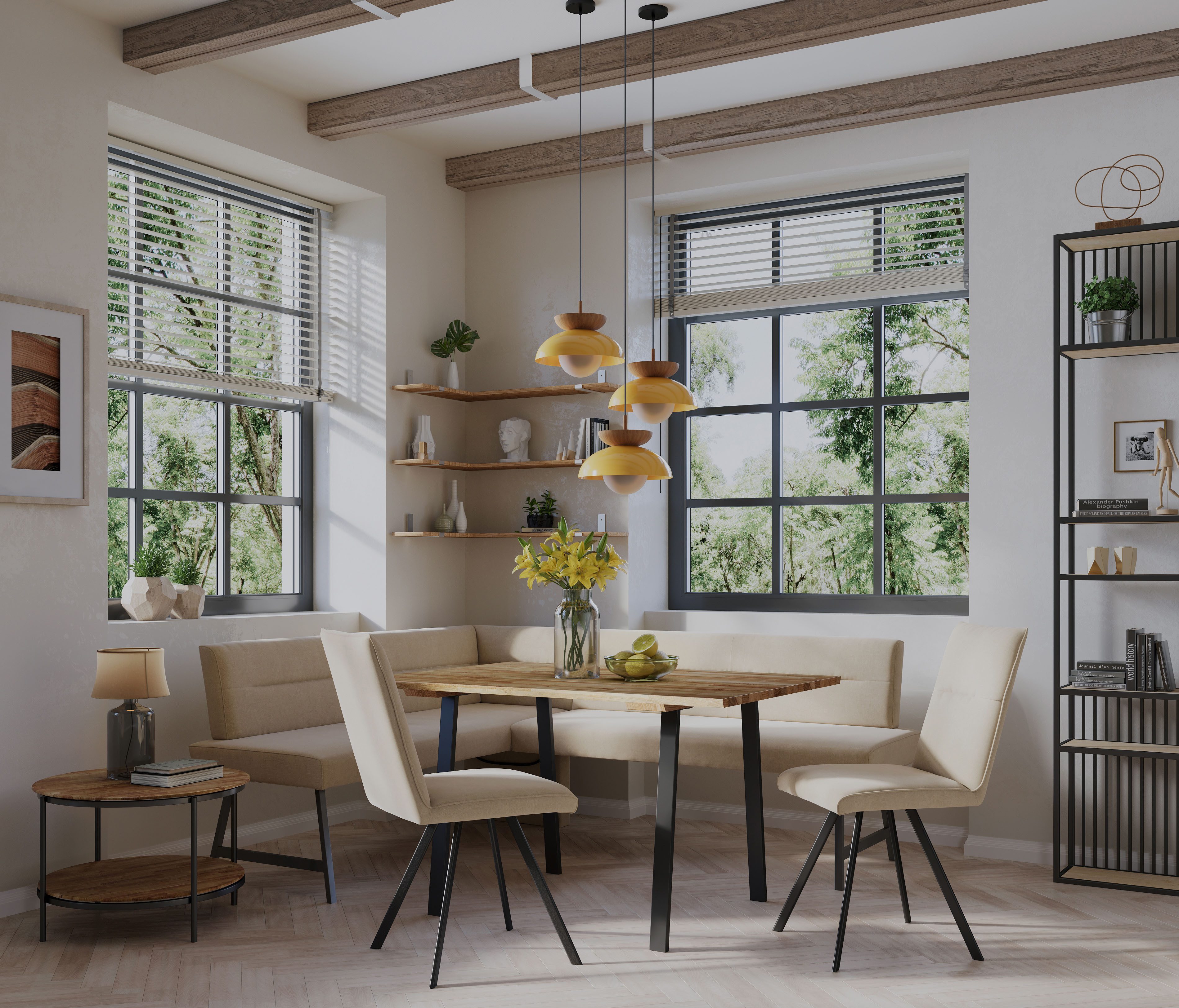 Home affaire Eethoek Sava Hoekbank met nosagvering in de zitting, massief eiken tafel (set, 4-delig)