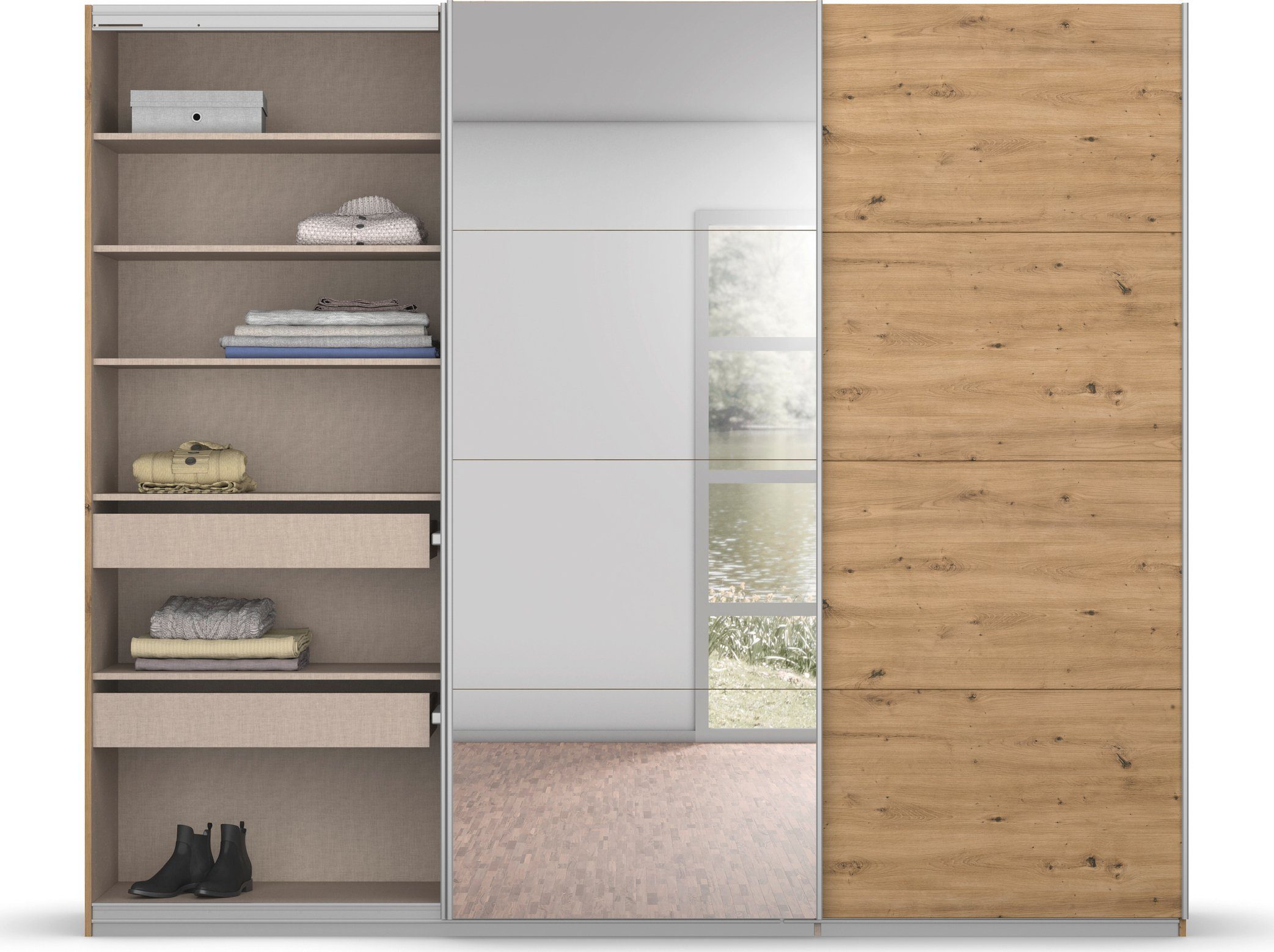 rauch Zweefdeurkast Kledingkast kast garderobe BESTSELLER KOLUNA met spiegel inclusief 2 binnenladen en extra legplanken made in germany