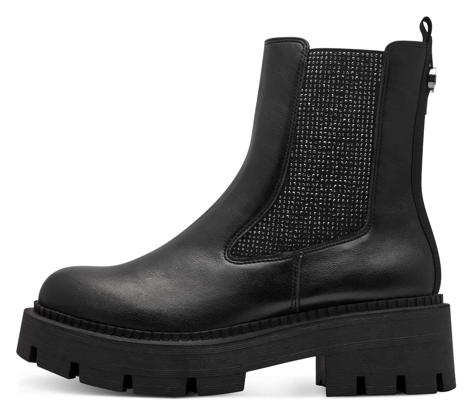 Tamaris Chelsea-boots blokhak, enkellaars bezet met fonkelende strassstenen