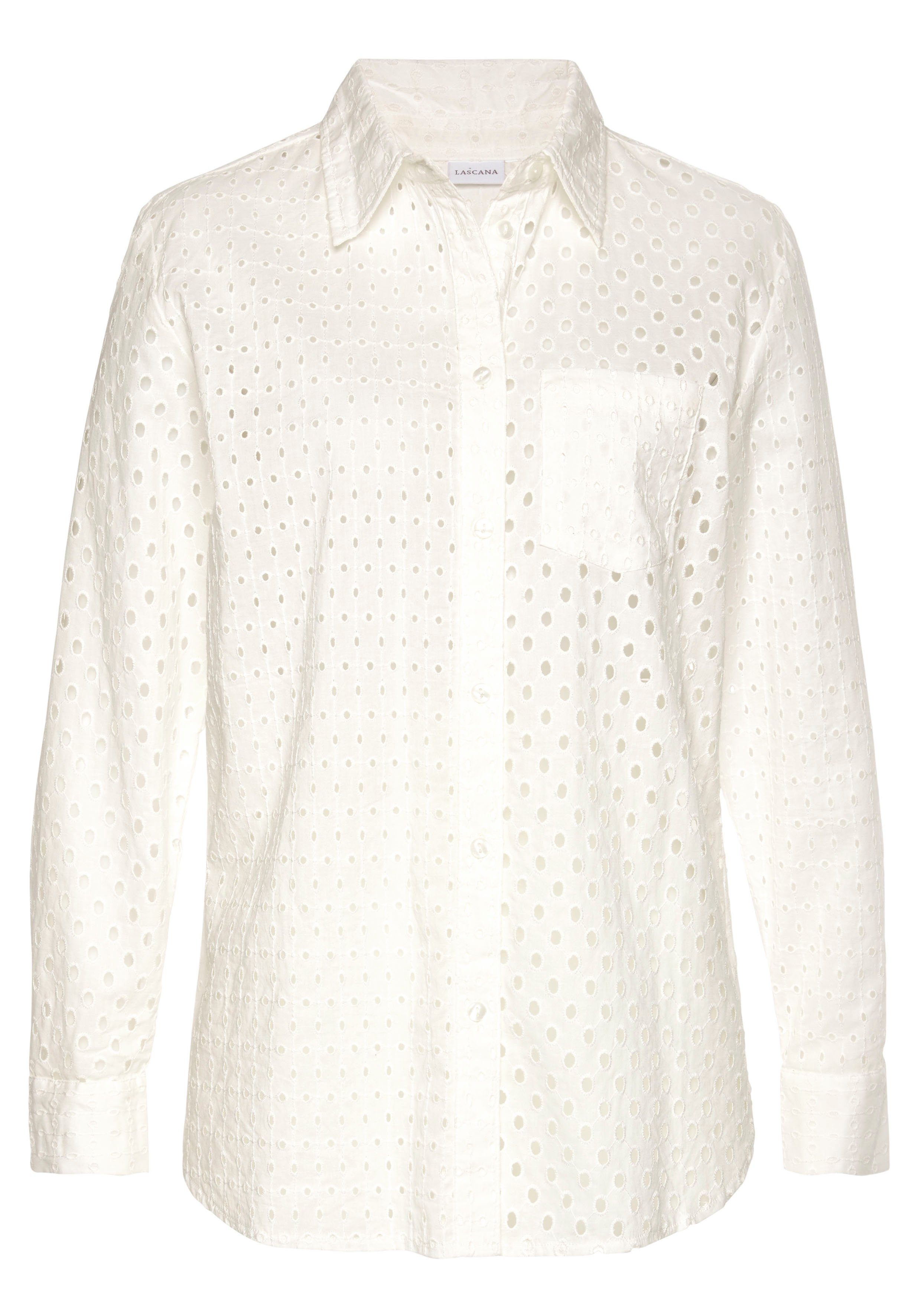 Lascana Blouse met lange mouwen met gaatjespatroon en blazerkraag, damesblouse, casual-elegant