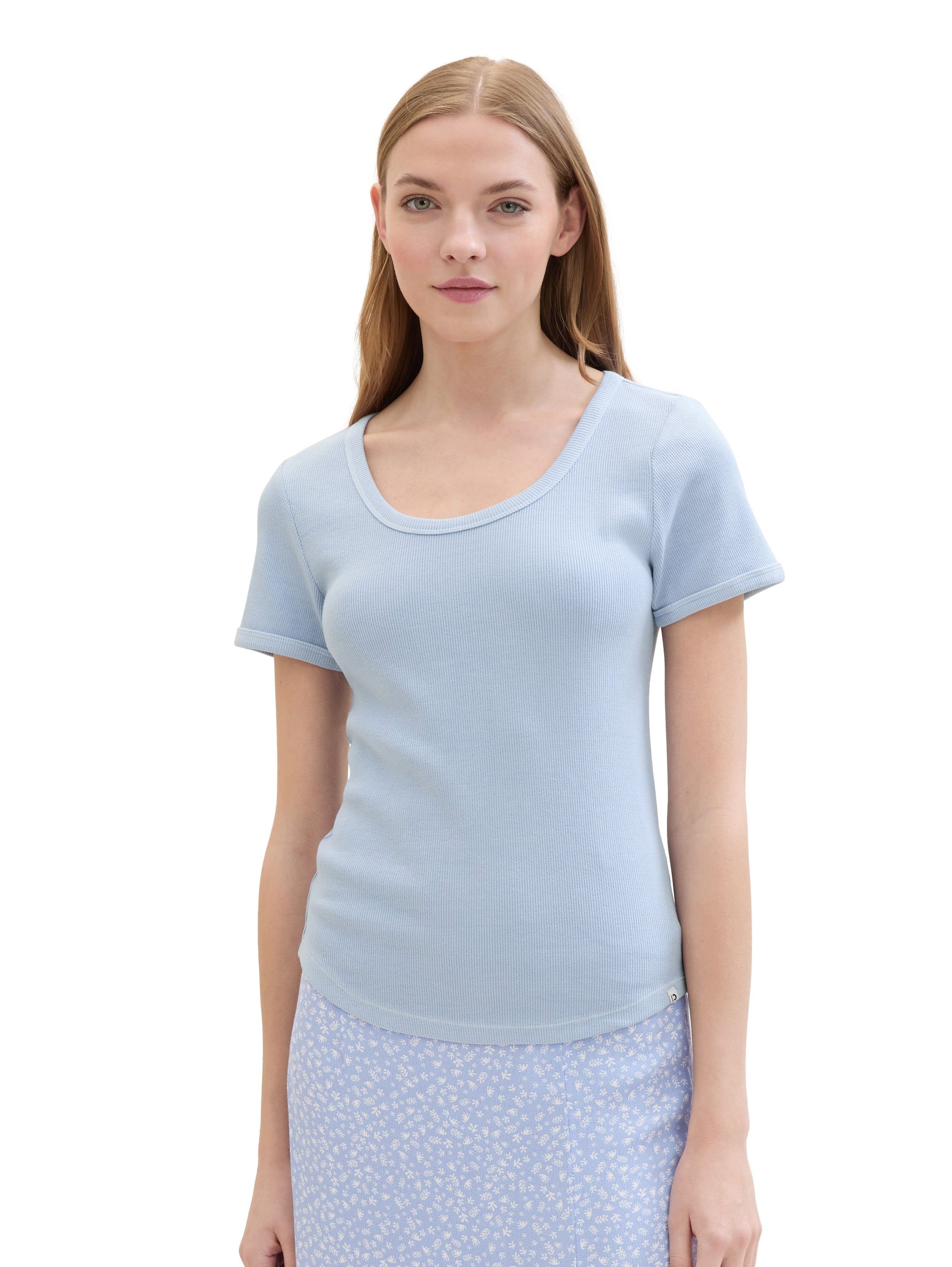 Tom Tailor Denim T-shirt met rib-look en diepe ronde halslijn