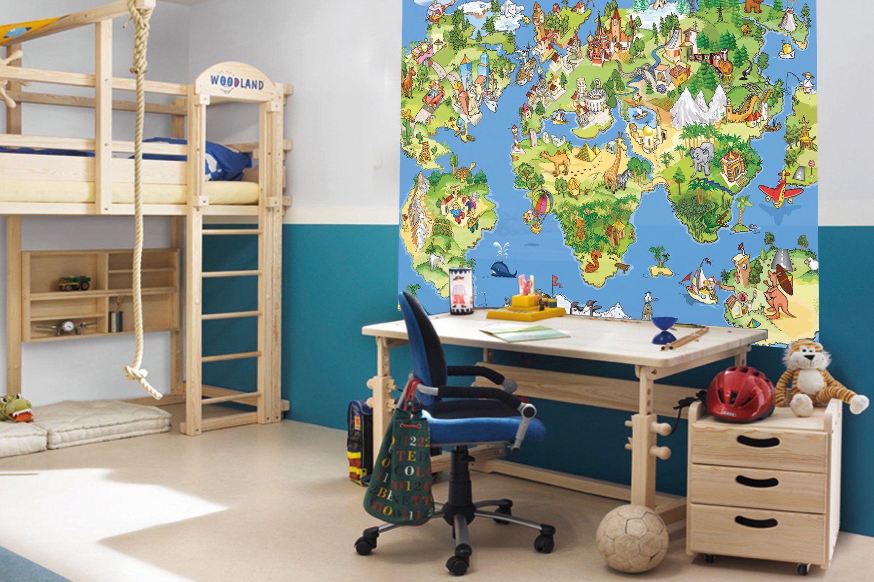 Papermoon Fotobehang Kids World Map Vlies, 5 banen, 250 x 180 cm (5-delig)