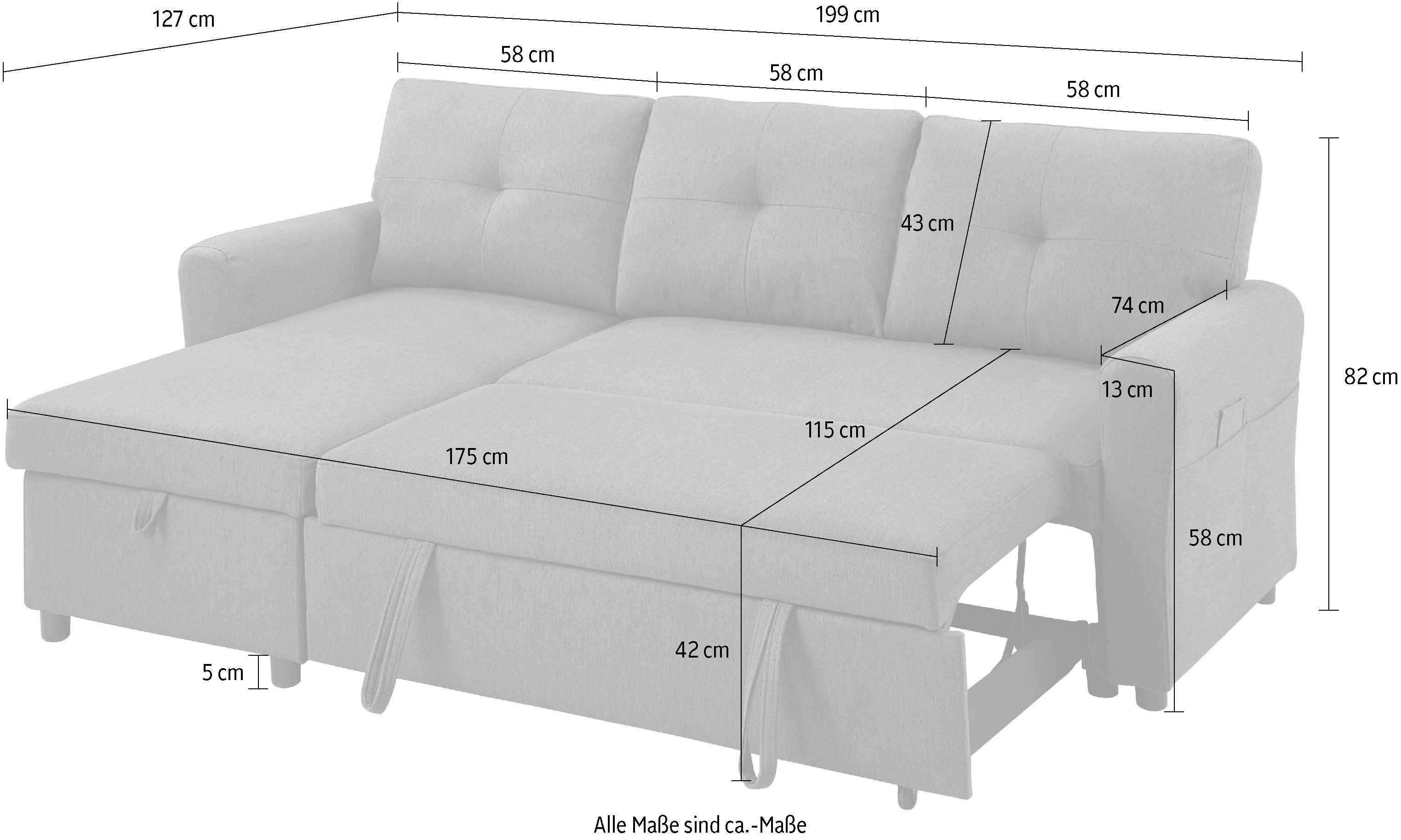 ATLANTIC home collection Hoekbank Gustavo L-vorm met slaapfunctie, opbergruimte & zijzakken