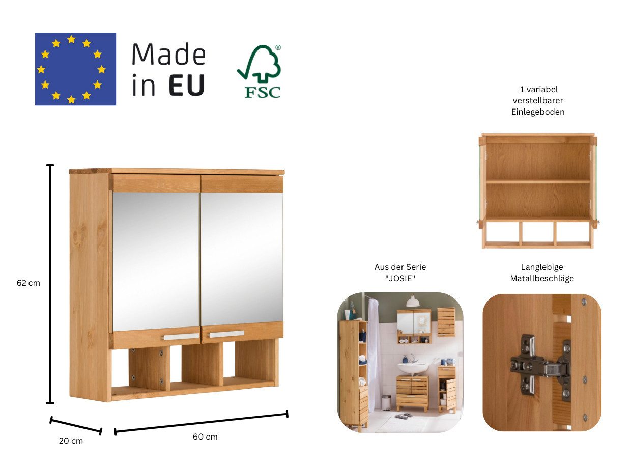 Home affaire Spiegelkast Josie Breedte 60 cm, van massief hout, verstelbare plank, metalen grepen