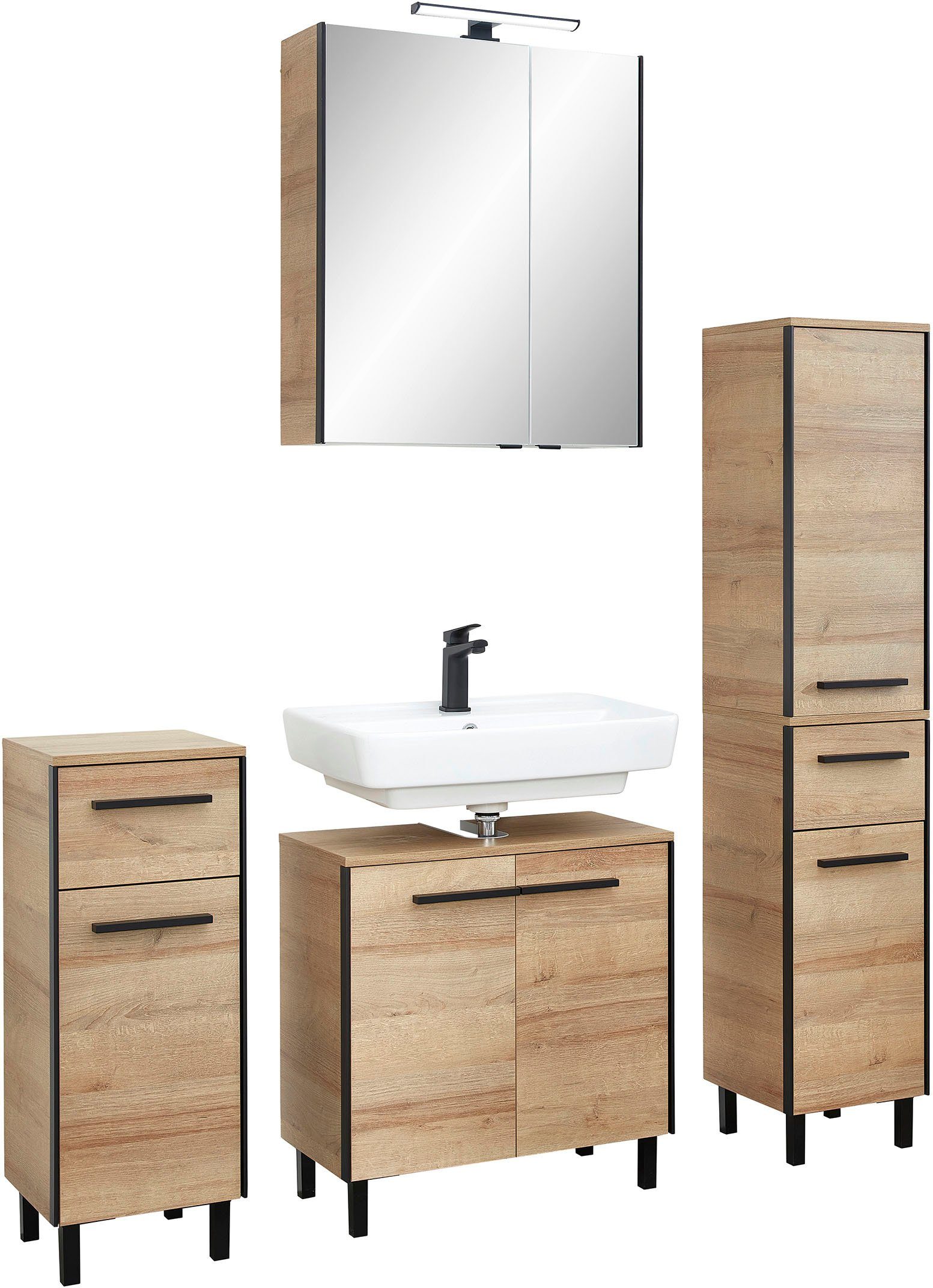 Saphir Badkamerserie Quickset 395 4-delig, wastafelonderkast met led-spiegelkast Onderkast, halfhoge kast, inclusief deurdemper, 7 deuren, 2 laden (5-delig)