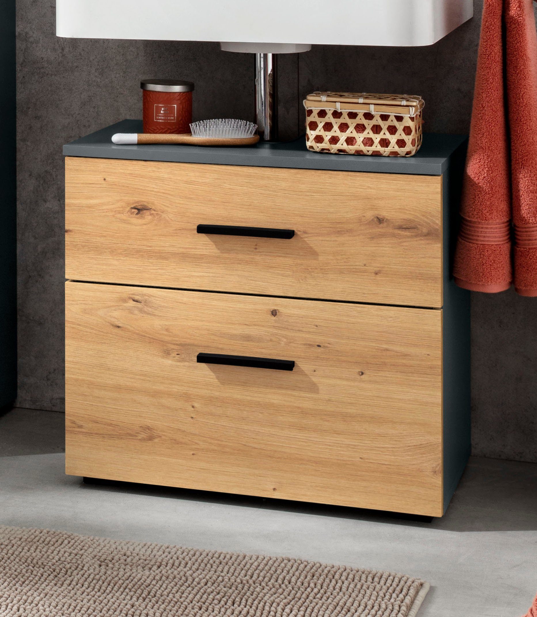 INOSIGN Wastafelonderkast Skara met klep en lade, zwarte grepen, breedte 60 cm, hoogte 55 cm
