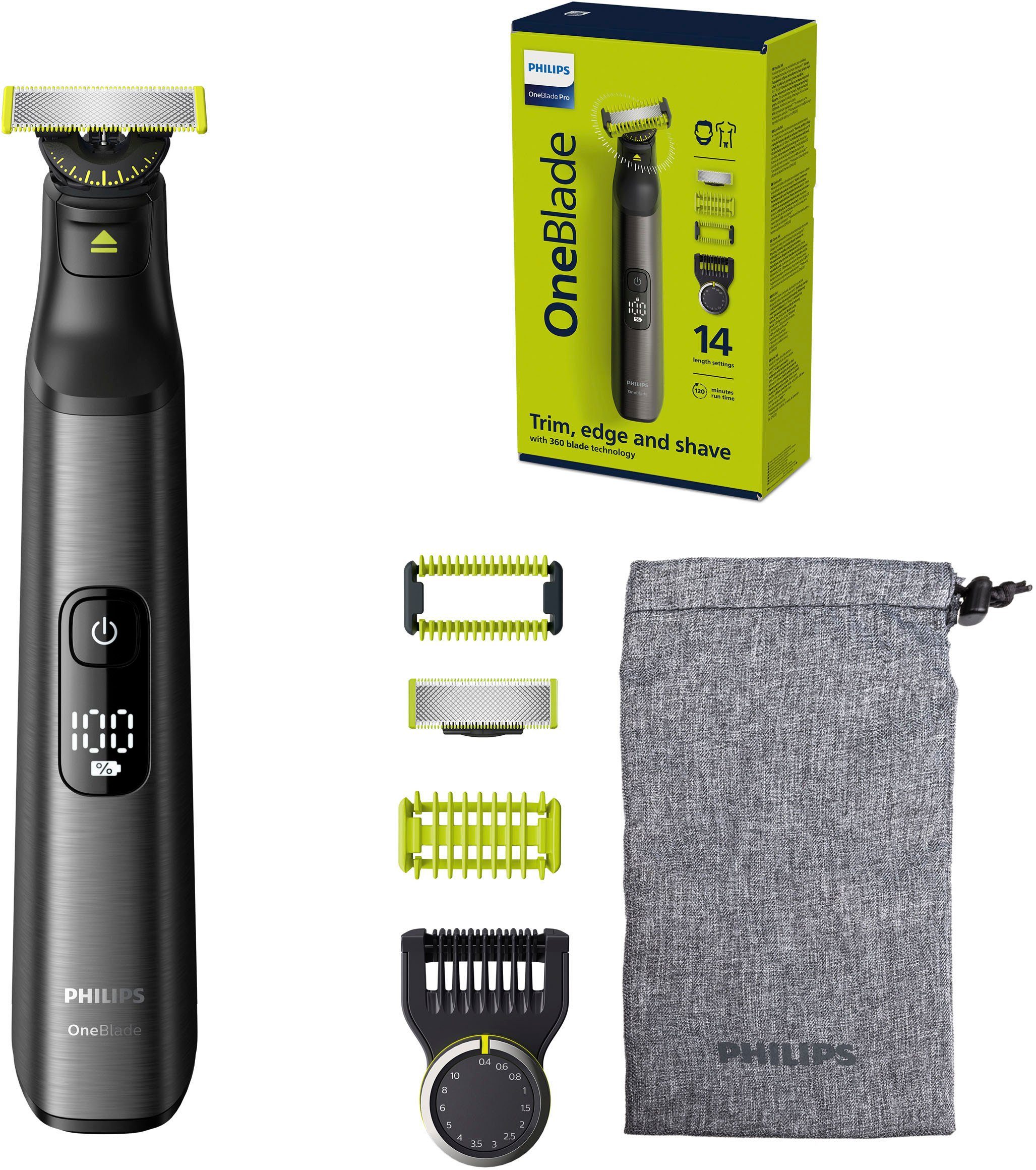 Philips Elektrisch scheerapparaat OneBlade Pro QP6551/30 360-gradenlemmet, 14 lengte-instellingen, incl. opbergtas