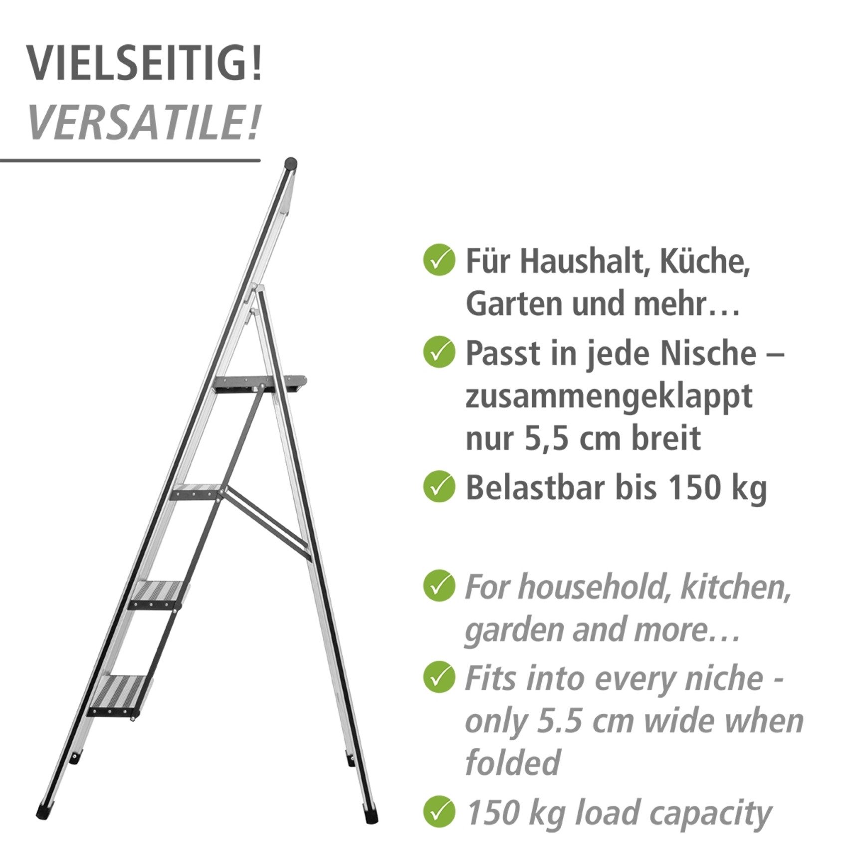 WENKO Huishoudtrapje Model Alu-Design 4-voudig, aluminium, xxl-treden, plat inklapbaar
