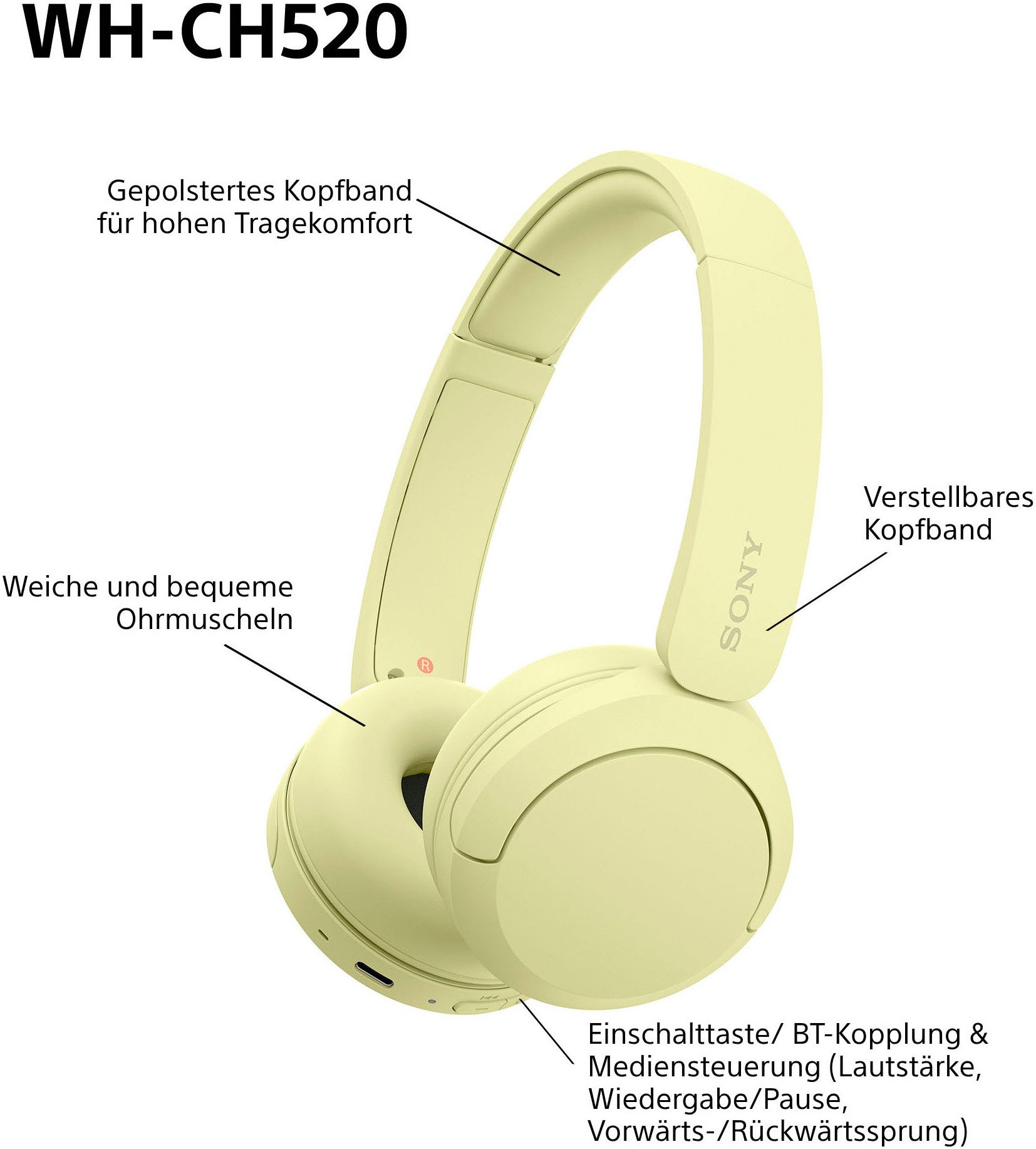 Sony Bluetooth-hoofdtelefoon WHCH520 200 uur max. accuduur (standby)