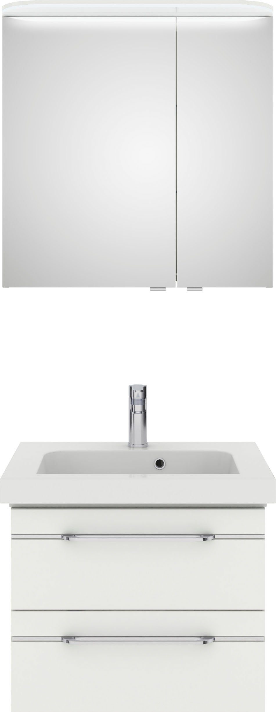 Saphir Badkamerserie Balto sprint 2-delig, mineraalmarmeren wastafel met led-spiegelkast (2-delig) badmeubelsets wit