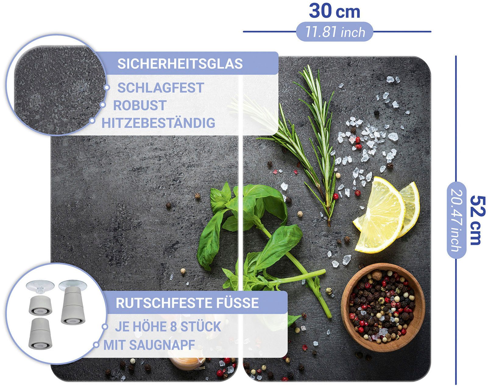 WENKO Kookplaatdeksel Universeel model Kruiden Kookplaatafdekking voor alle soorten kookplaten, krasvast, met antislipvoetjes (set, 2-delig)