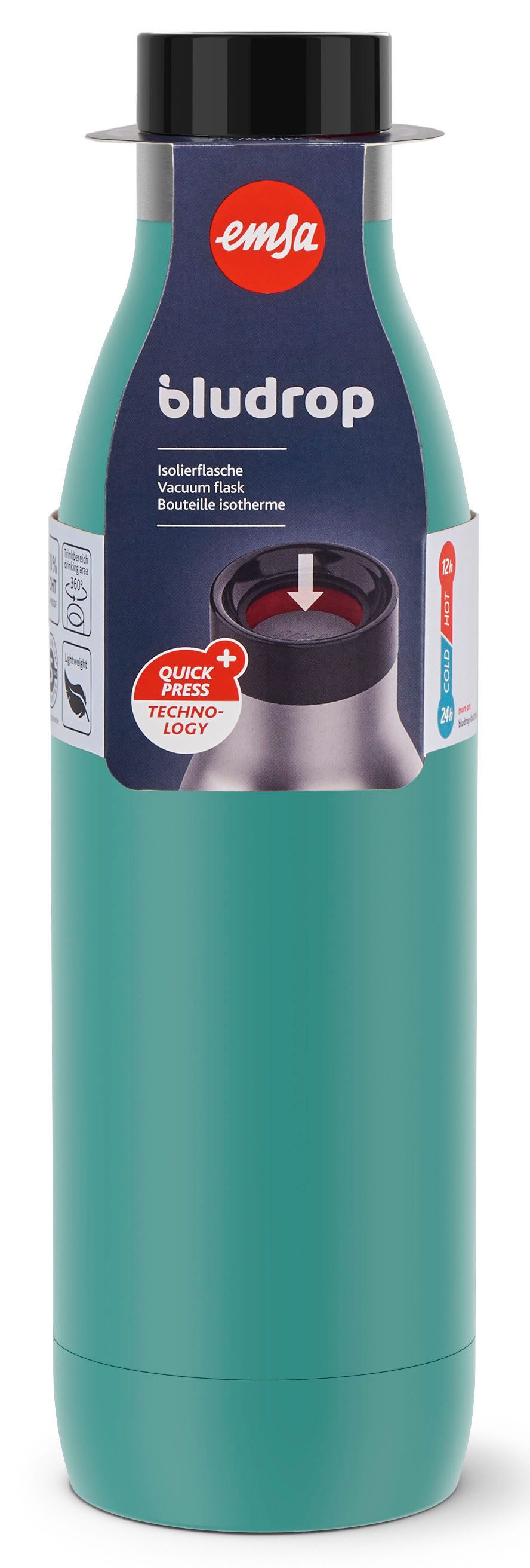 Emsa Thermosfles Drinkfles Bludrop Roestvrij staal, Quick-Press deksel, 360° drinkplezier, 12 uur warm/24 uur koel (1-delig)