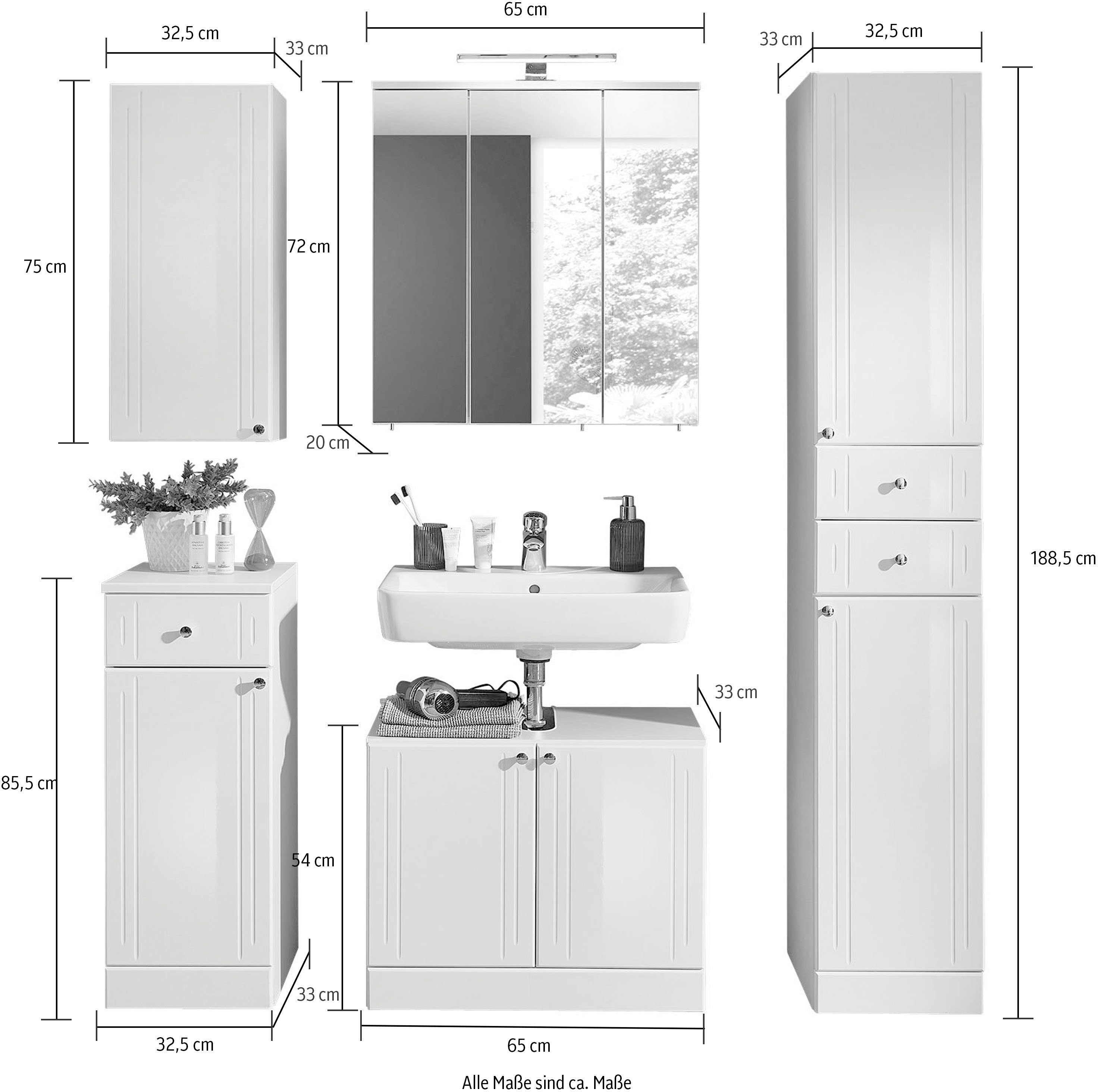 Saphir Badmeubelset Quickset 955 5-delig, wastafelonderkast en led-spiegelkast in hoogglans-wit, badkamermeubel zonder wasbak, 9 deuren, 3 laden (set, 5 stuks)