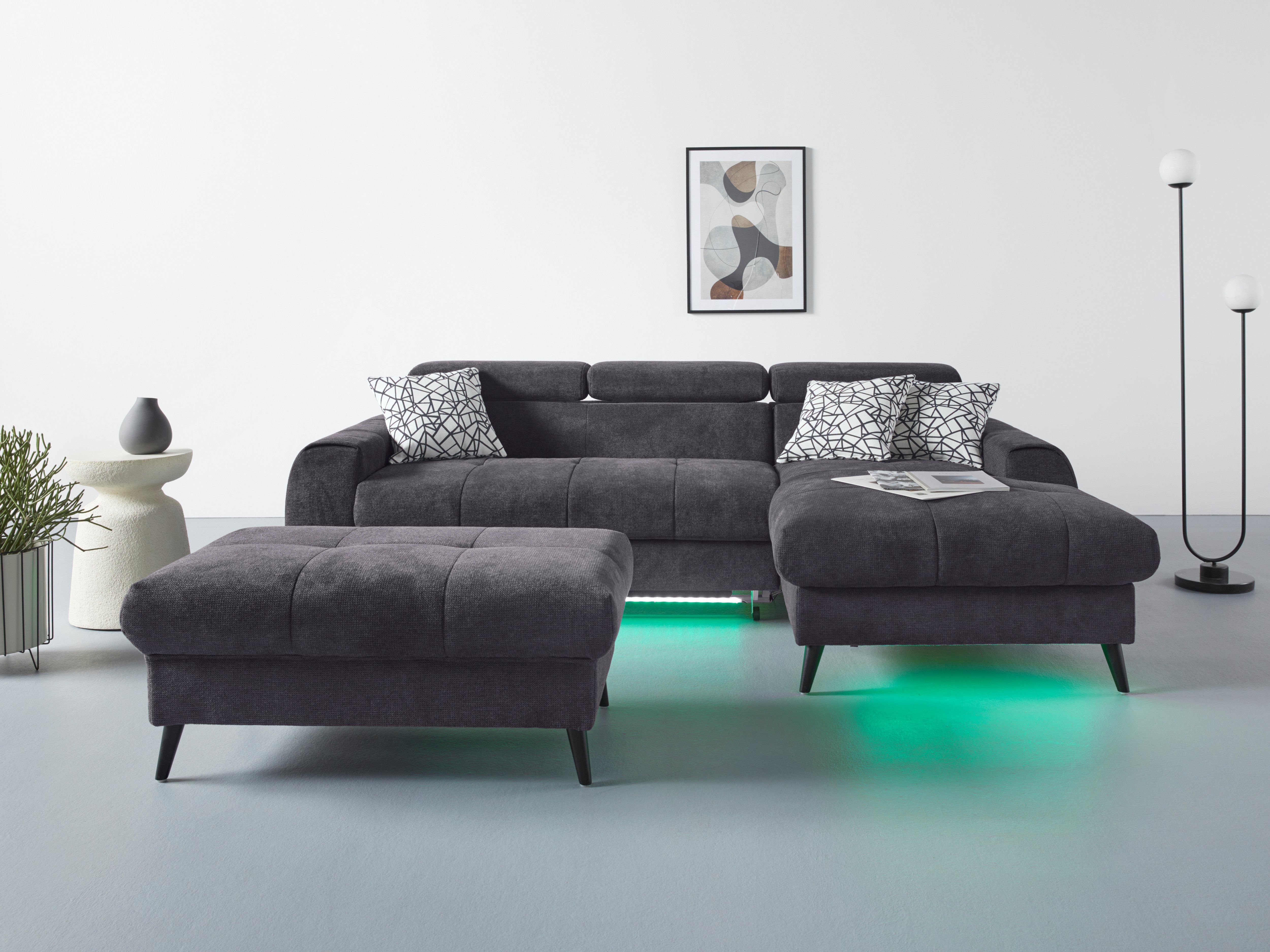COTTA Hoekbank Mia L-vorm met 3 sierkussens keuze met bedfunctie, bedlade, verlichting & draadloze oplader