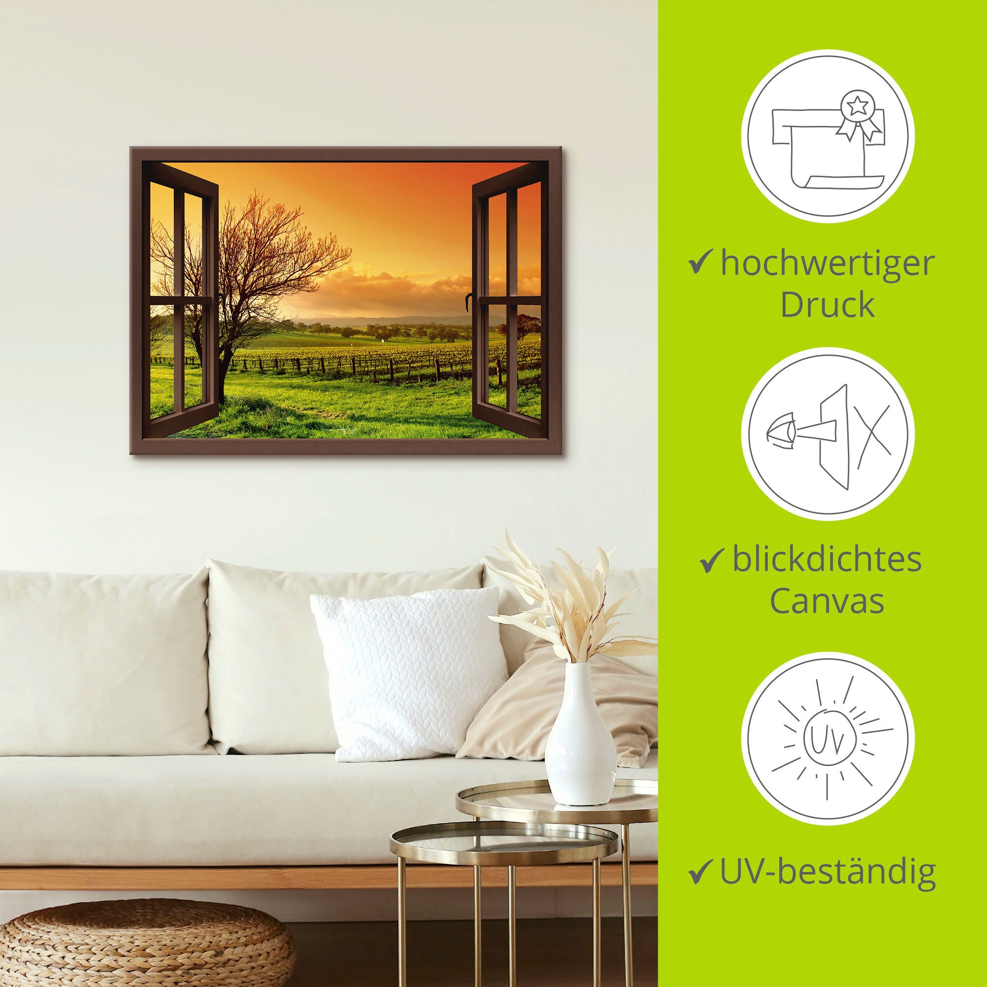 Artland Artprint Blik uit het venster - landschap met wijnbergen als artprint op linnen, muursticker in verschillende maten