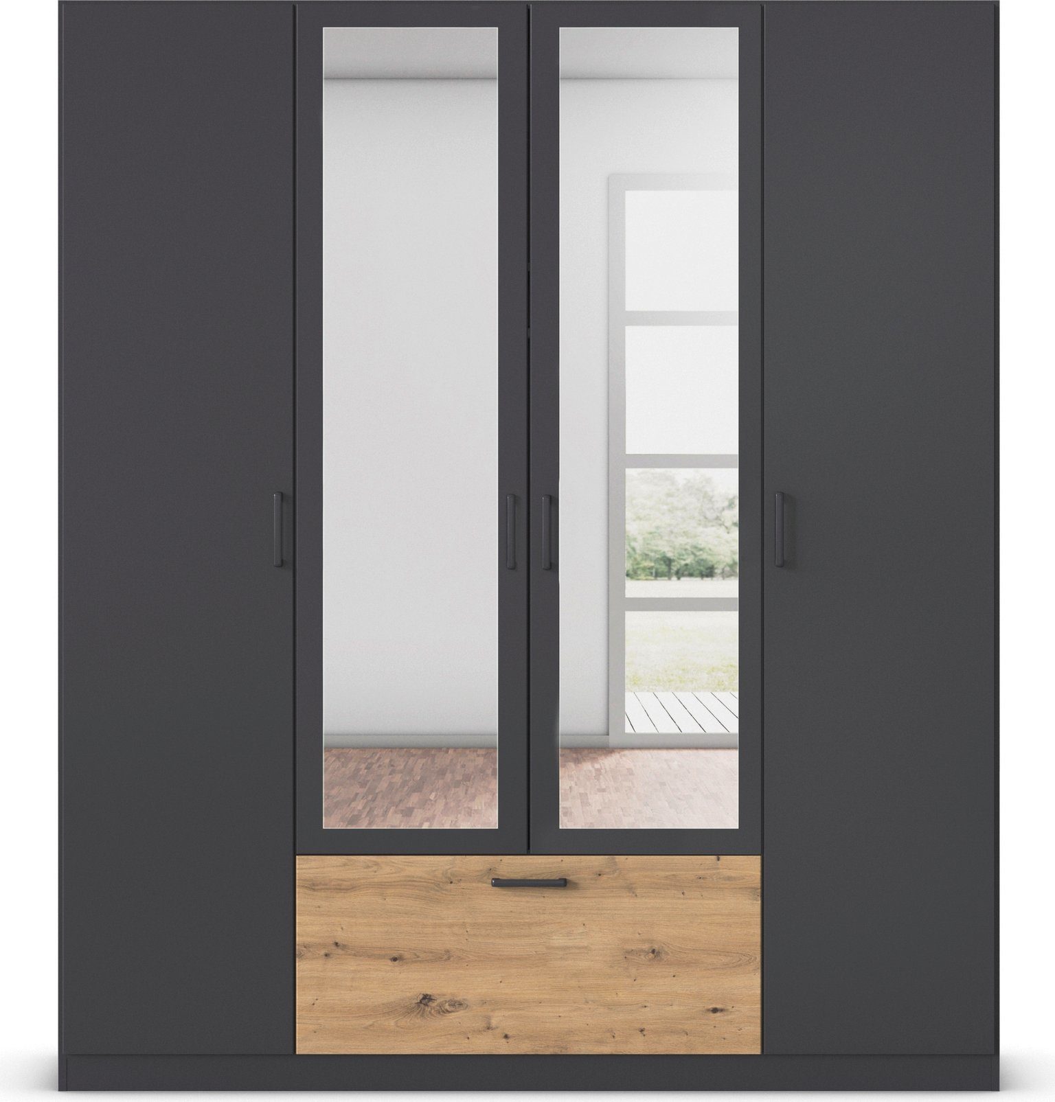 rauch Draaideurkast Kledingkast kast garderobe waskast BARI met spiegel met lades in het midden, moderne greep in grijs metallic made in germany