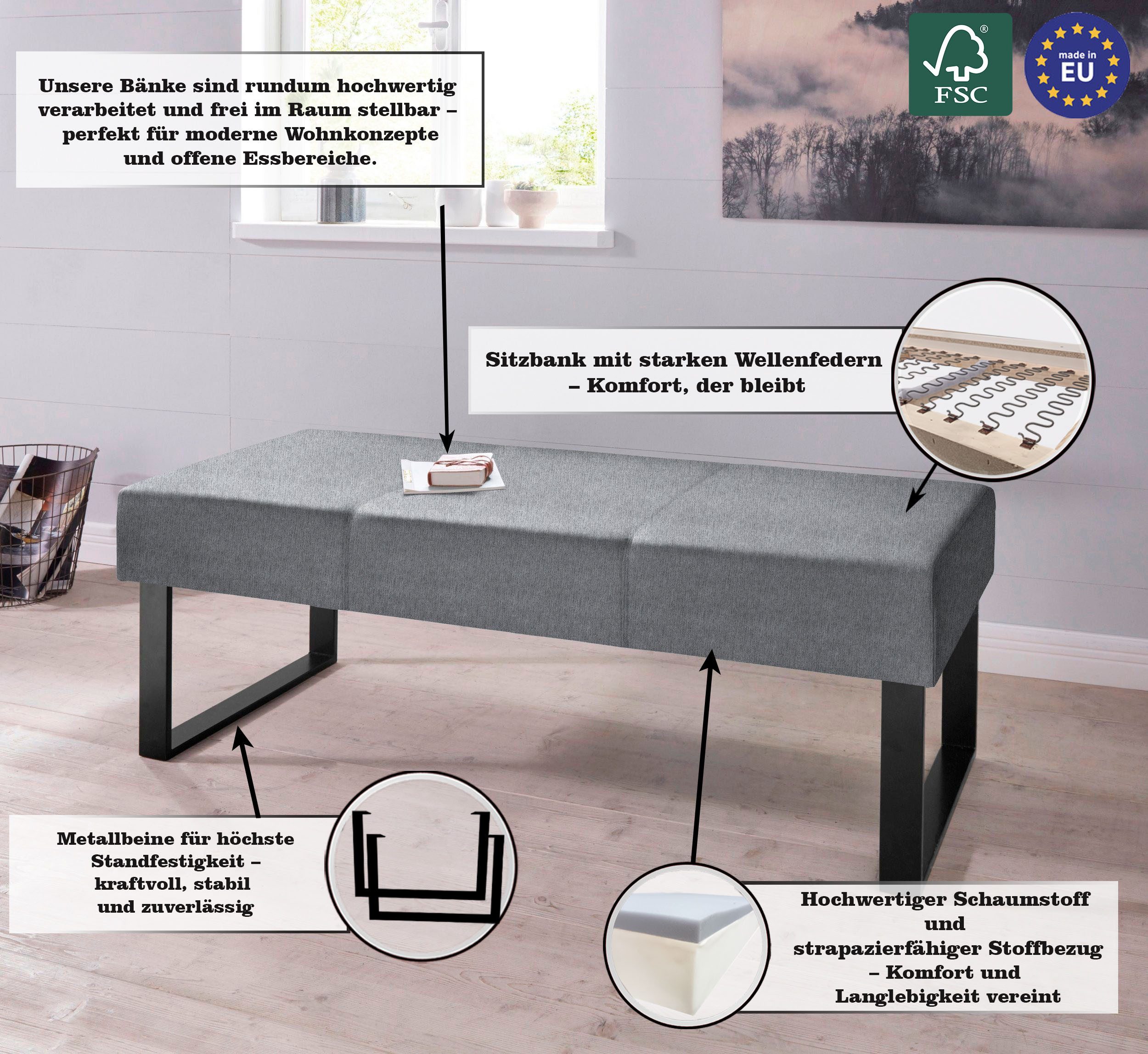 Home affaire Zitbank Oliver Breedte 140 cm, met metalen frame