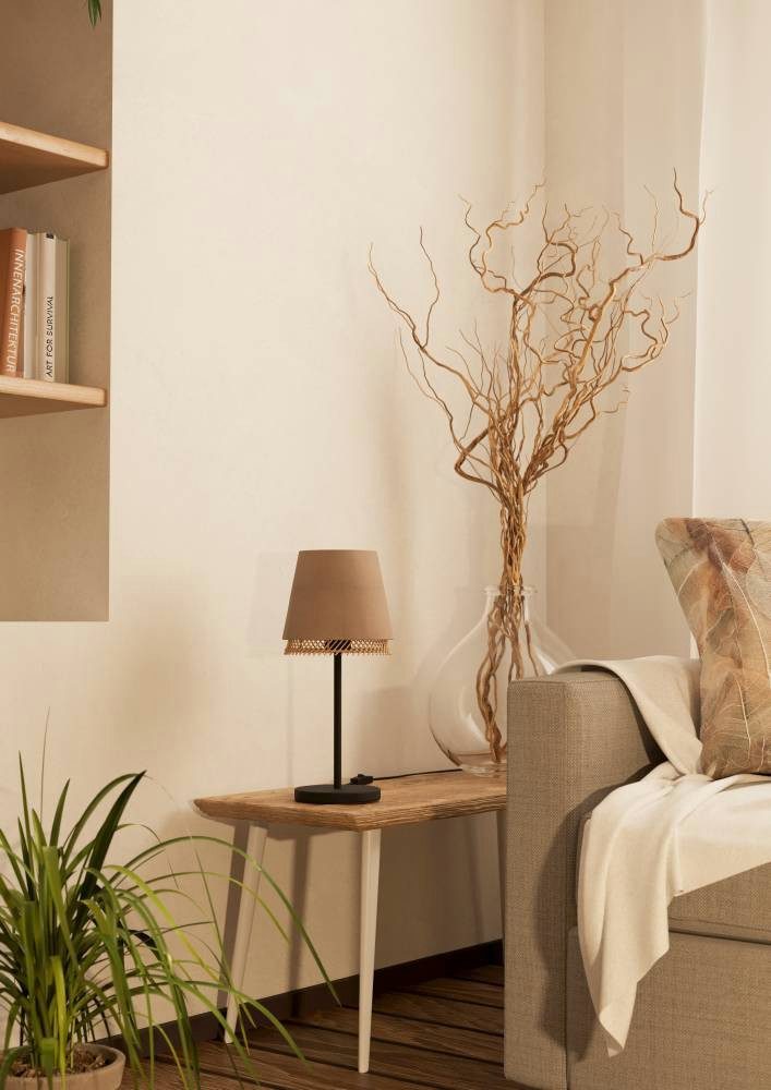 EGLO Tafellamp TABLEY Nachtkastlamp, metaal in zwart, bamboe en linnen, E27 fitting (1 stuk)