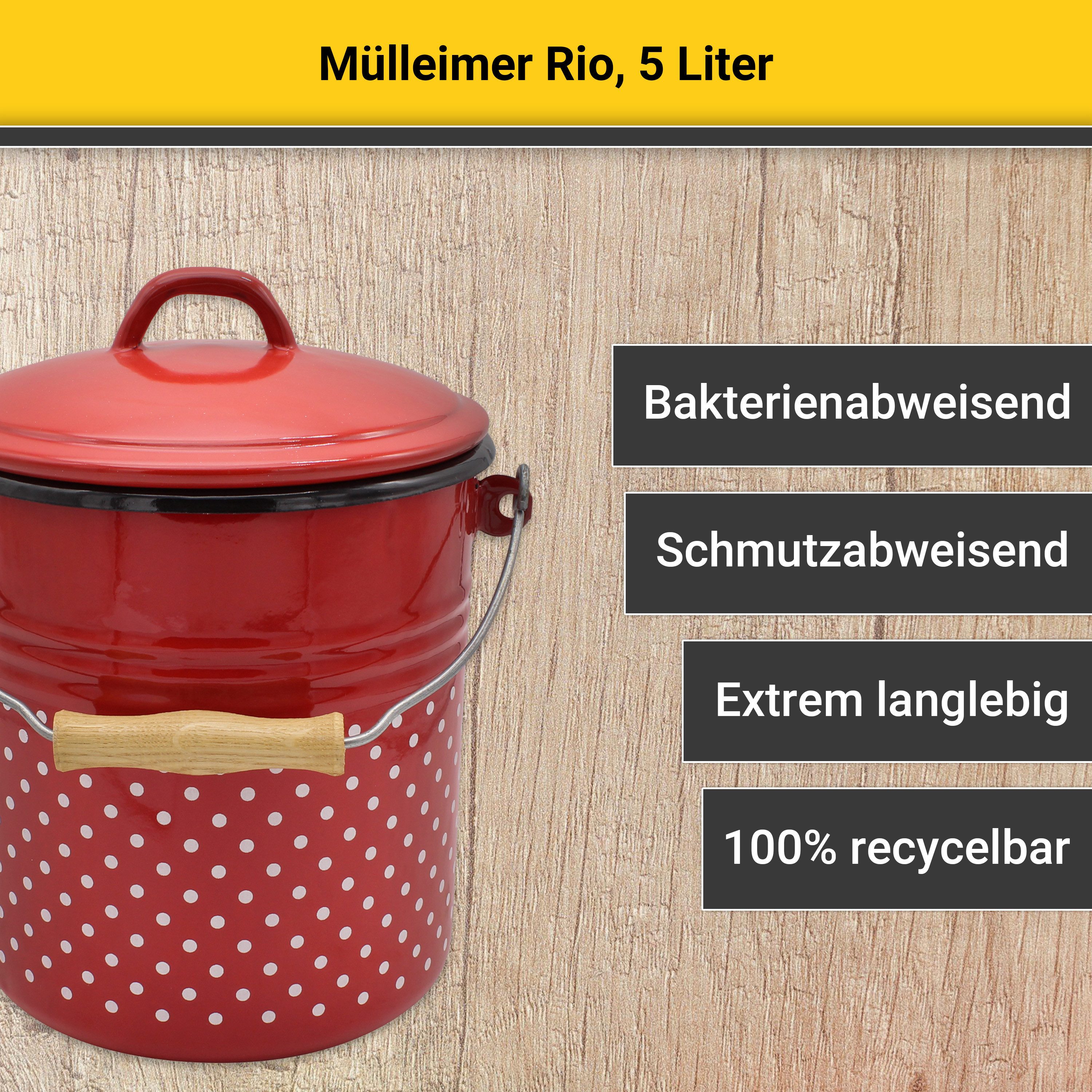 Krüger Vuilnisemmer Emaille prullenbak met deksel Serie Rio snij- / krassbestendige oppervlakte, bacteriewerend, extreem duurzaam (2-delig)