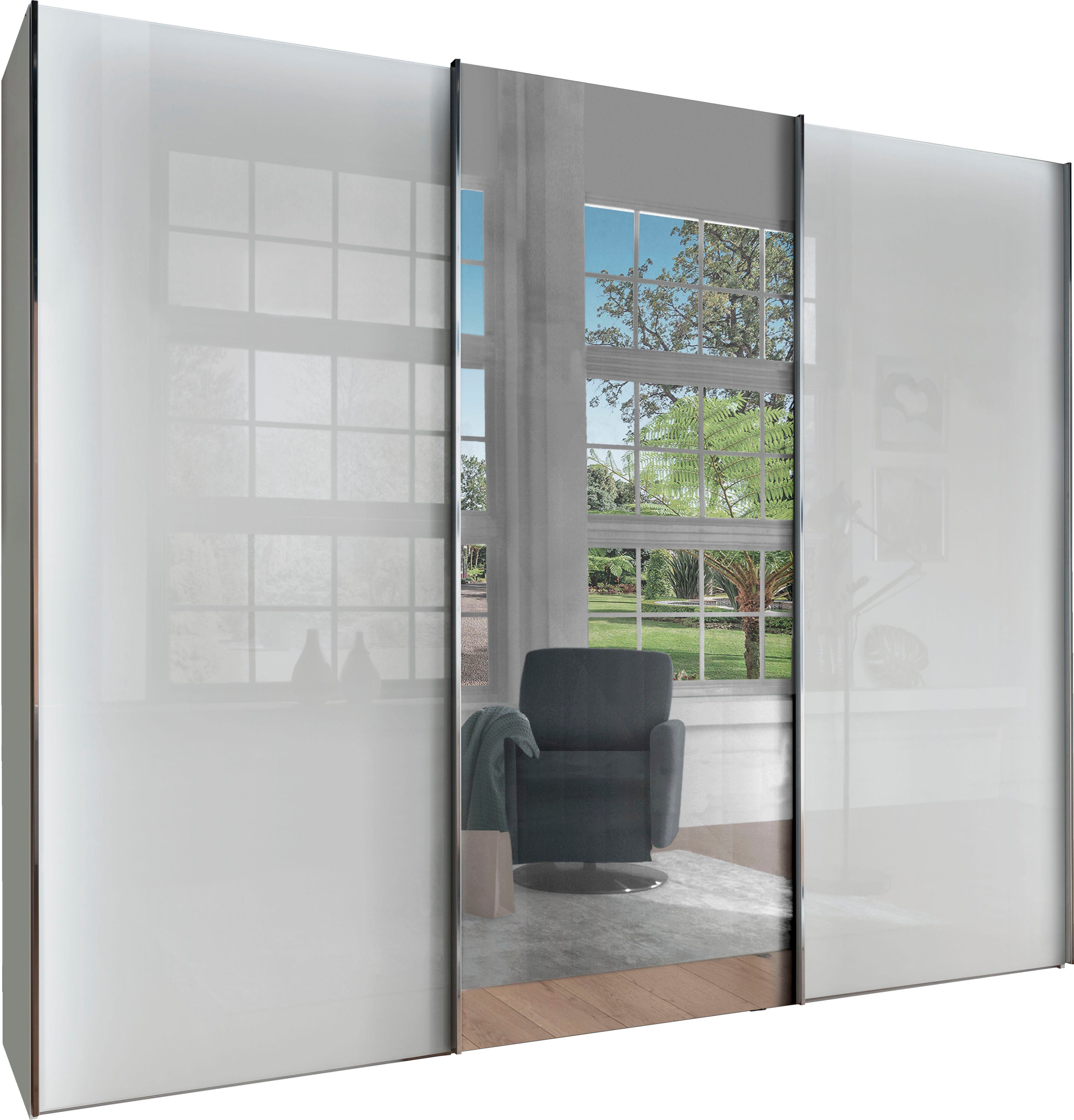 WIEMANN Zweefdeurkast Monaco hoogwaardig glas- en spiegelfront zweefdeurkasten maat 246,3 cm x 217 cm x 67 cm wit