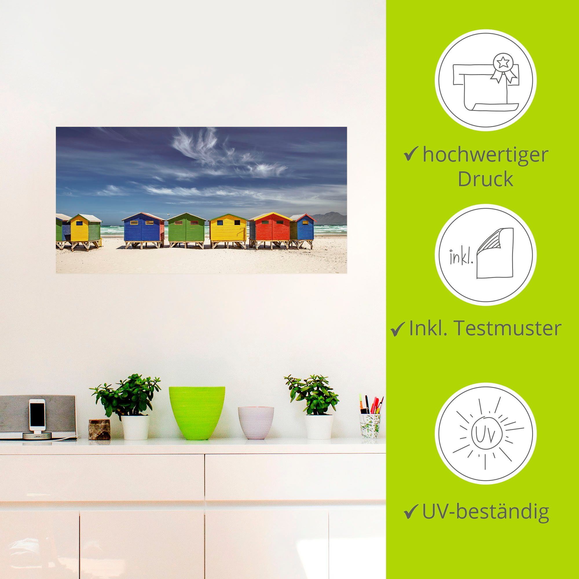 Artland Artprint Veelkleurige strandhuisjes bij Kaapstad als artprint van aluminium, artprint voor buiten, artprint op linnen, poster, muursticker