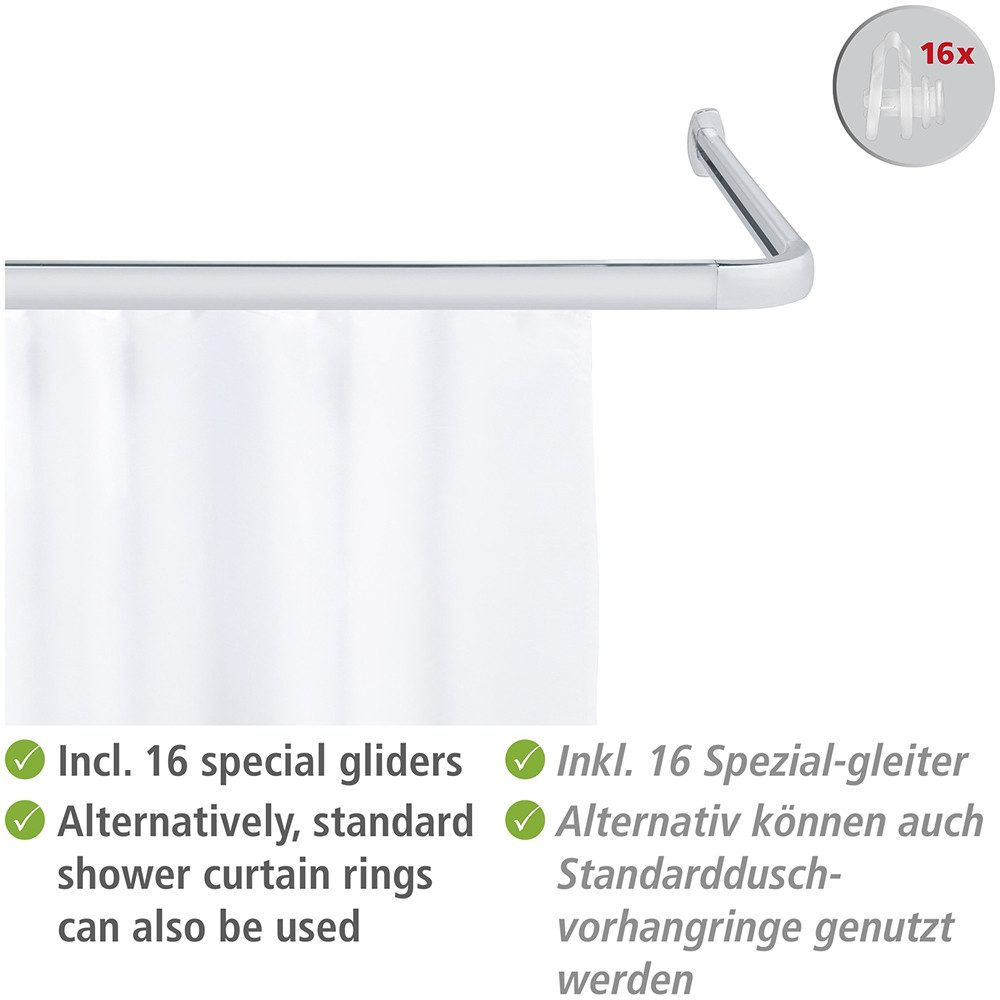 WENKO Hoekstang Model Era Hoekrail van aluminium voor douchegordijnen, inclusief 16 speciale glijders, 81 cm x 2 cm