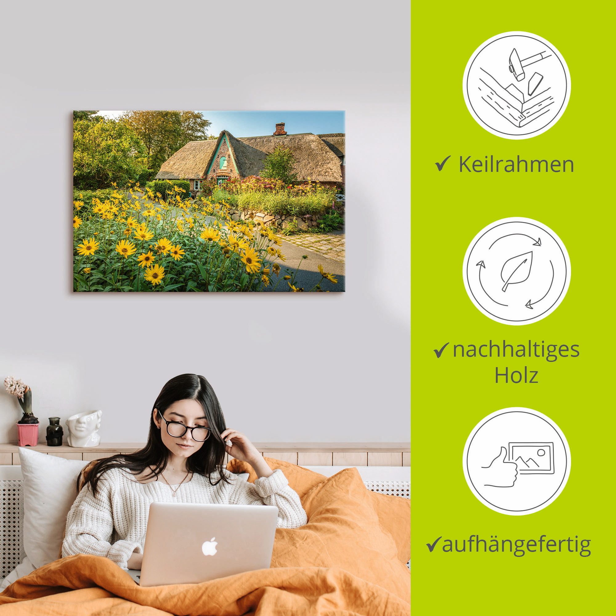 Artland Artprint op linnen Historische boerderij met cottagetuin Keitum