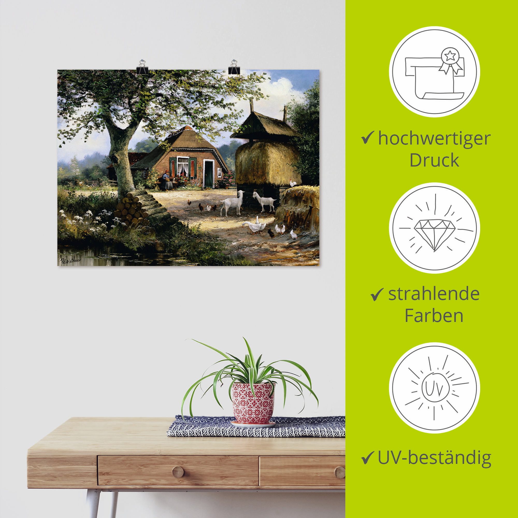 Artland Artprint Idyllische boerderij met kippen en geiten als artprint op linnen, poster in verschillende formaten maten