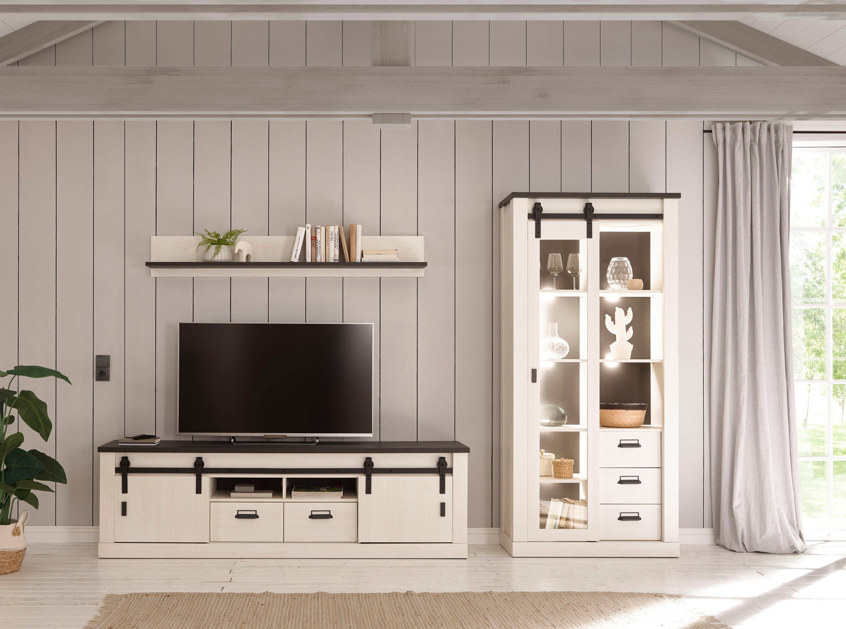 Home affaire Tv-meubel Sherwood modern houtdecor, met schuurdeurbeslag van metaal, breedte 201 cm