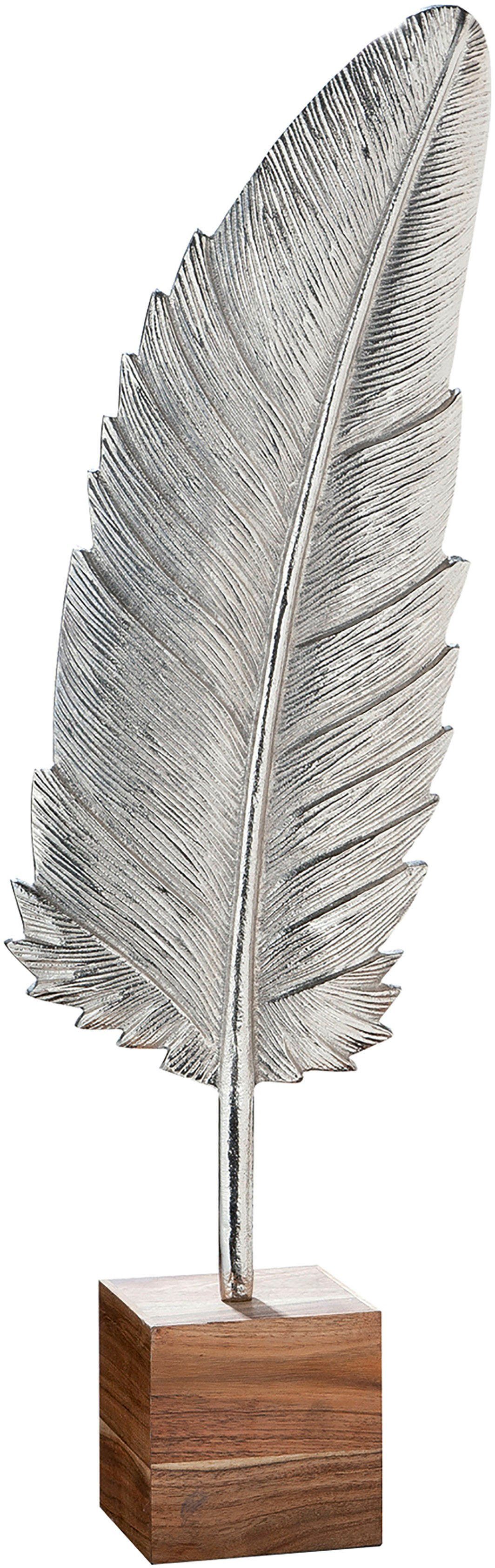 GILDE Deco-object Sculptuur veer op basis, zilver Hoogte 65,5 cm van metaal, voet van hout, woonkamer (1 stuk)