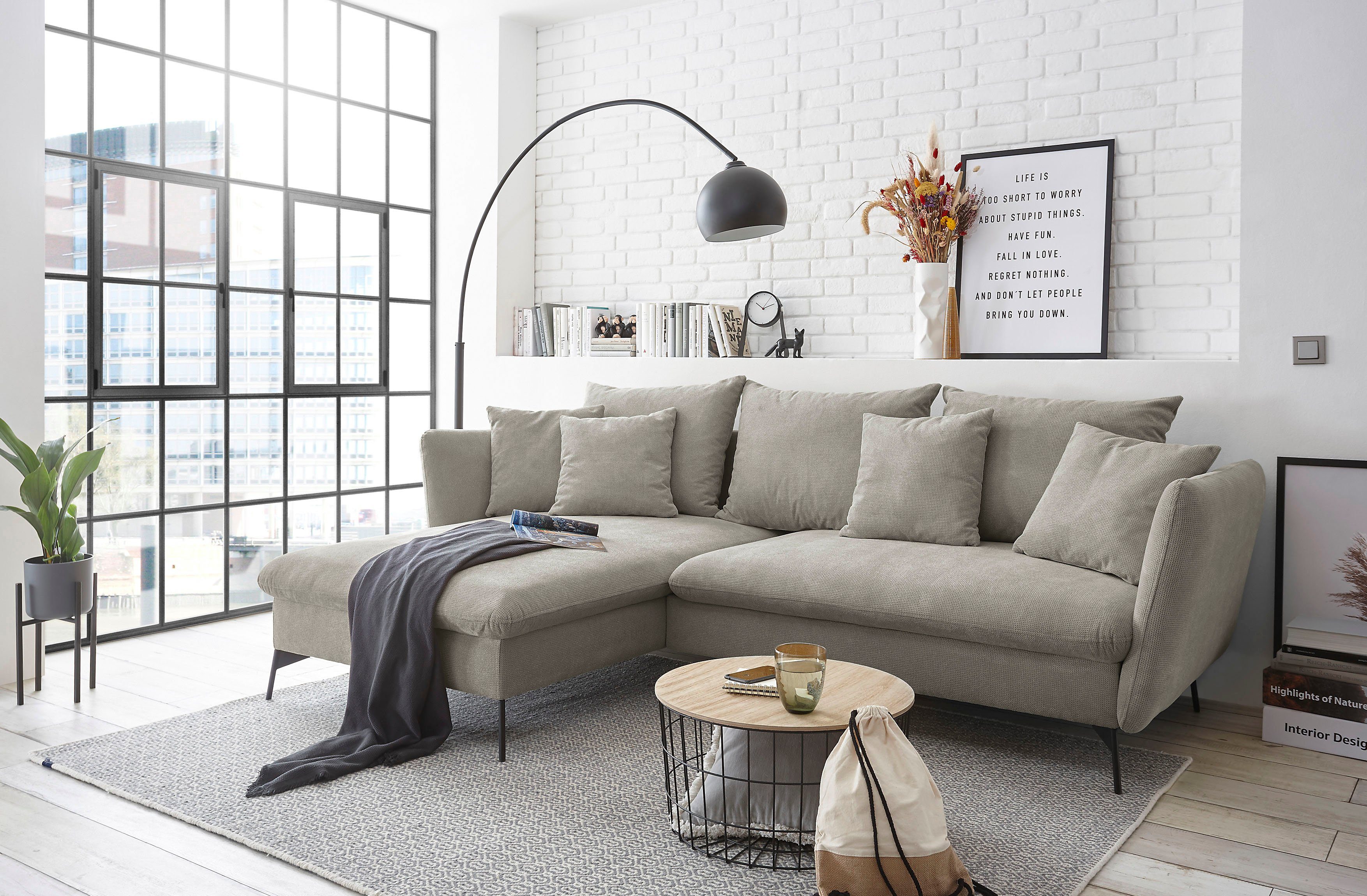 andas Hoekbank LIVORNO,258 cm, L-model, Slaapfunctie en bedlade (139/224 cm), fluweel, structuur, geweven stof