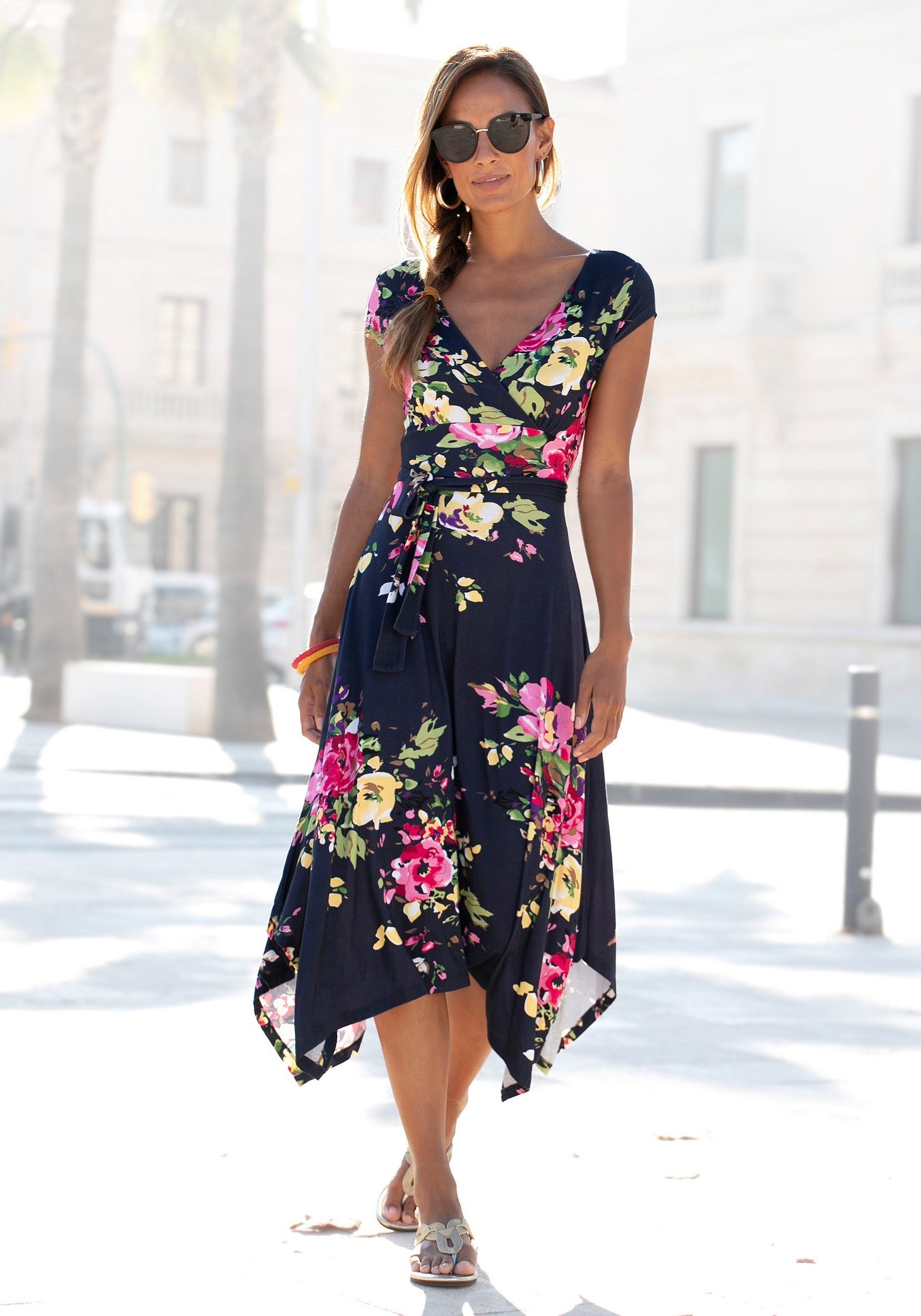 Beachtime Zomerjurk met puntige zoom en strik in de taille, jersey jurk, strandjurk