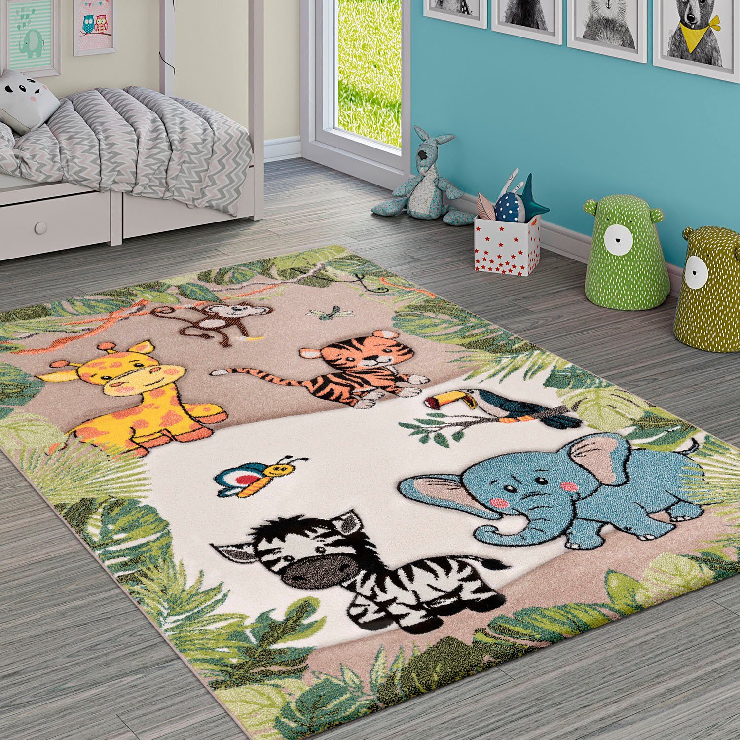 Paco Home Kindervloerkleed Diamond 644 3d-ontwerp, jungle dieren motief, kinderkamer, klantfavoriet speelkleden maat 200x290 cm beige