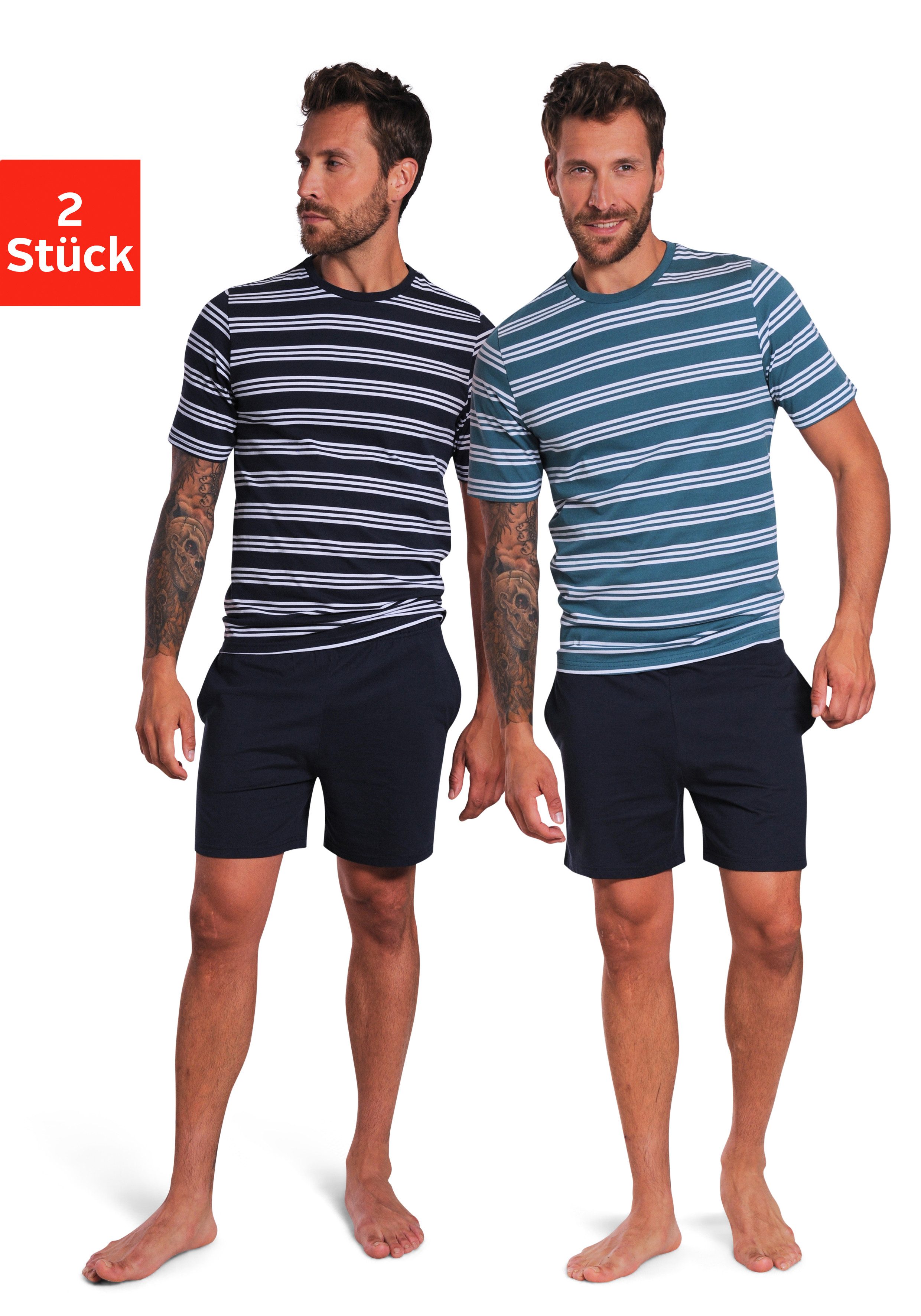 AUTHENTIC LE JOGGER Pyjama Pyjama met gestreepte bovenstukken (4-delig, Set van 2) heren lange pyjama's maat 60/62 blauw