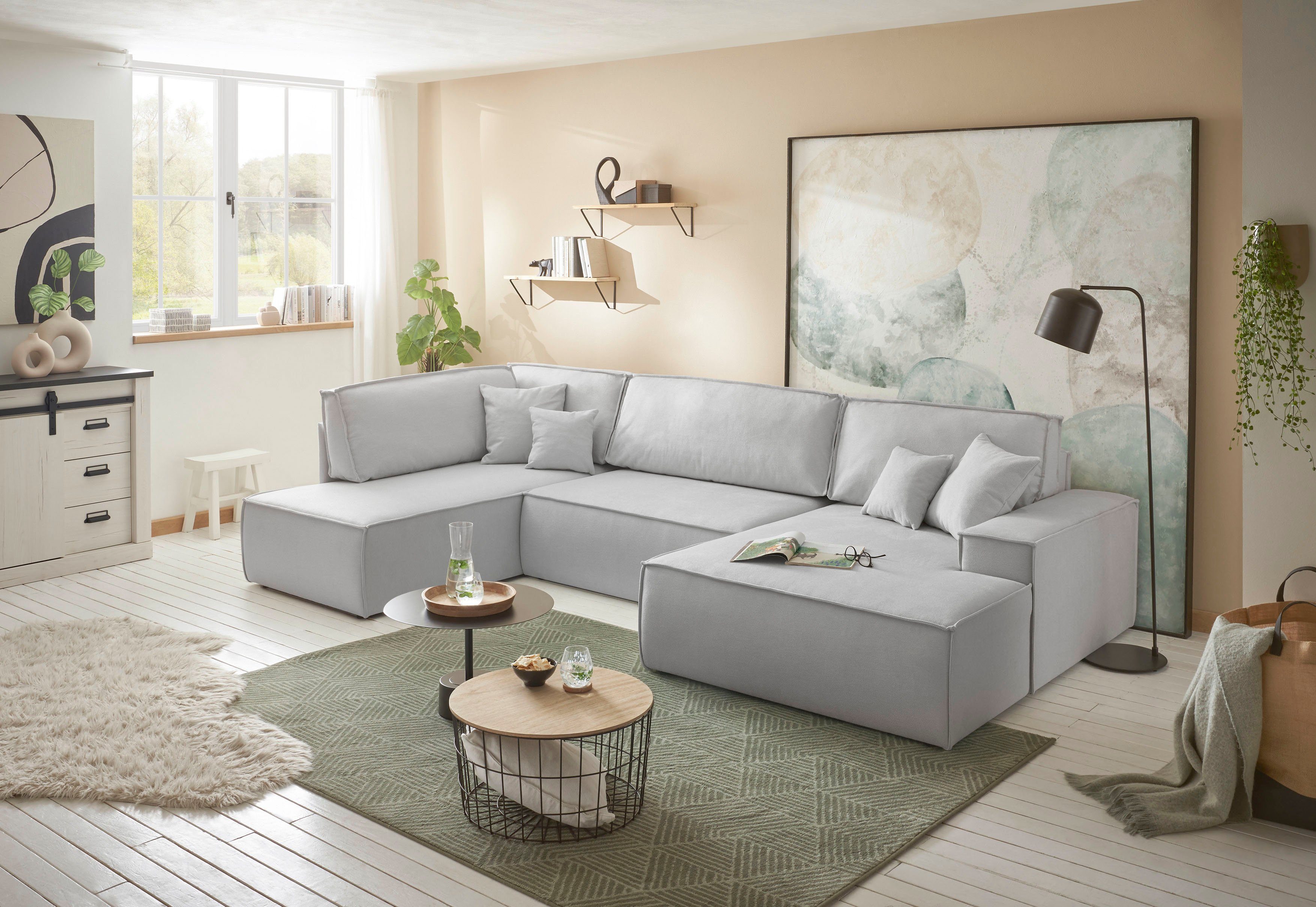 andas Zithoek FINNLEY U-model XXL 329 cm, bedbank, slaapfunctie m. bedkist