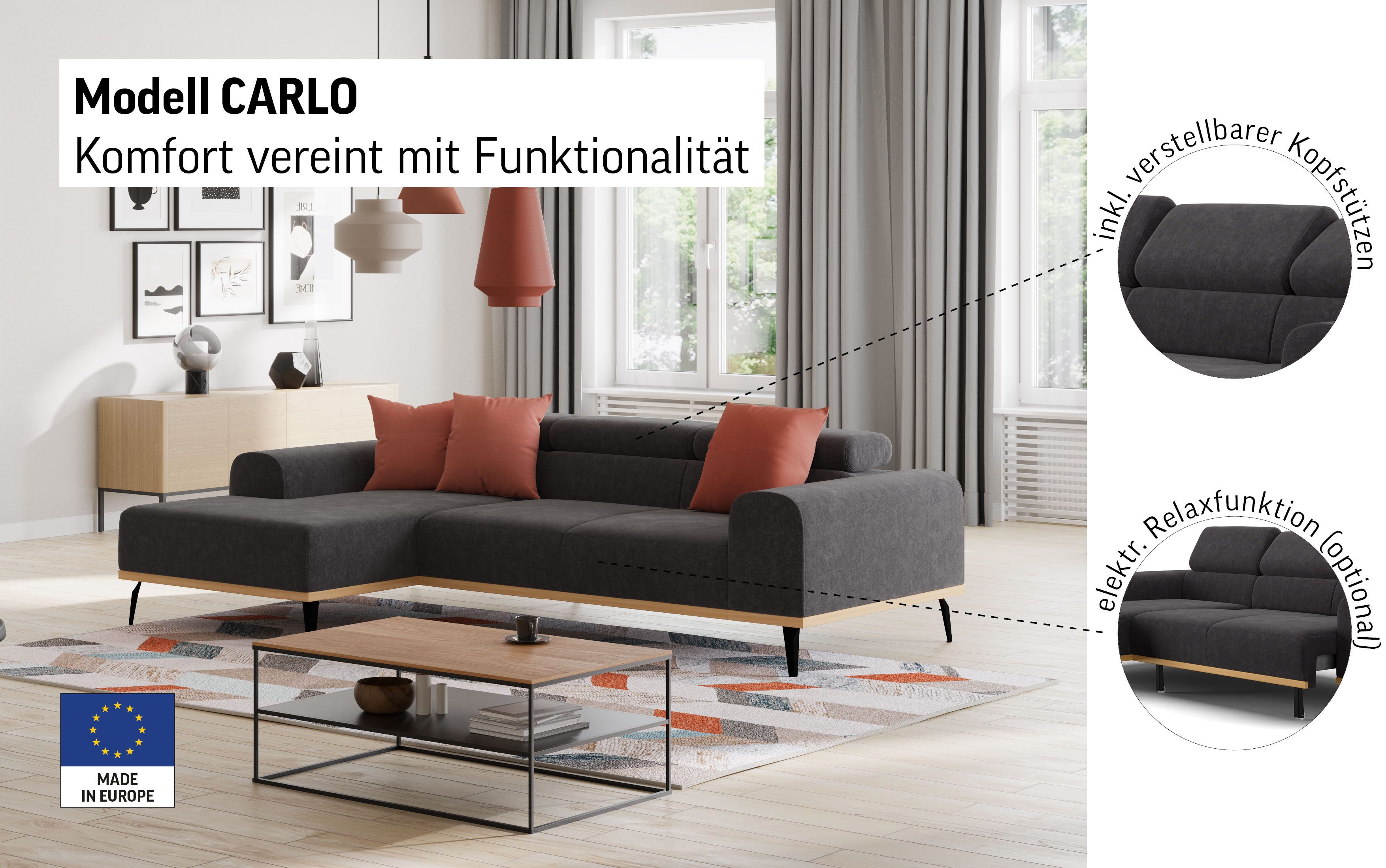 Places of Style Hoekbank Carlo L-vorm met hoofdeinde-verstelling & houten frame-look, optionele relaxfunctie