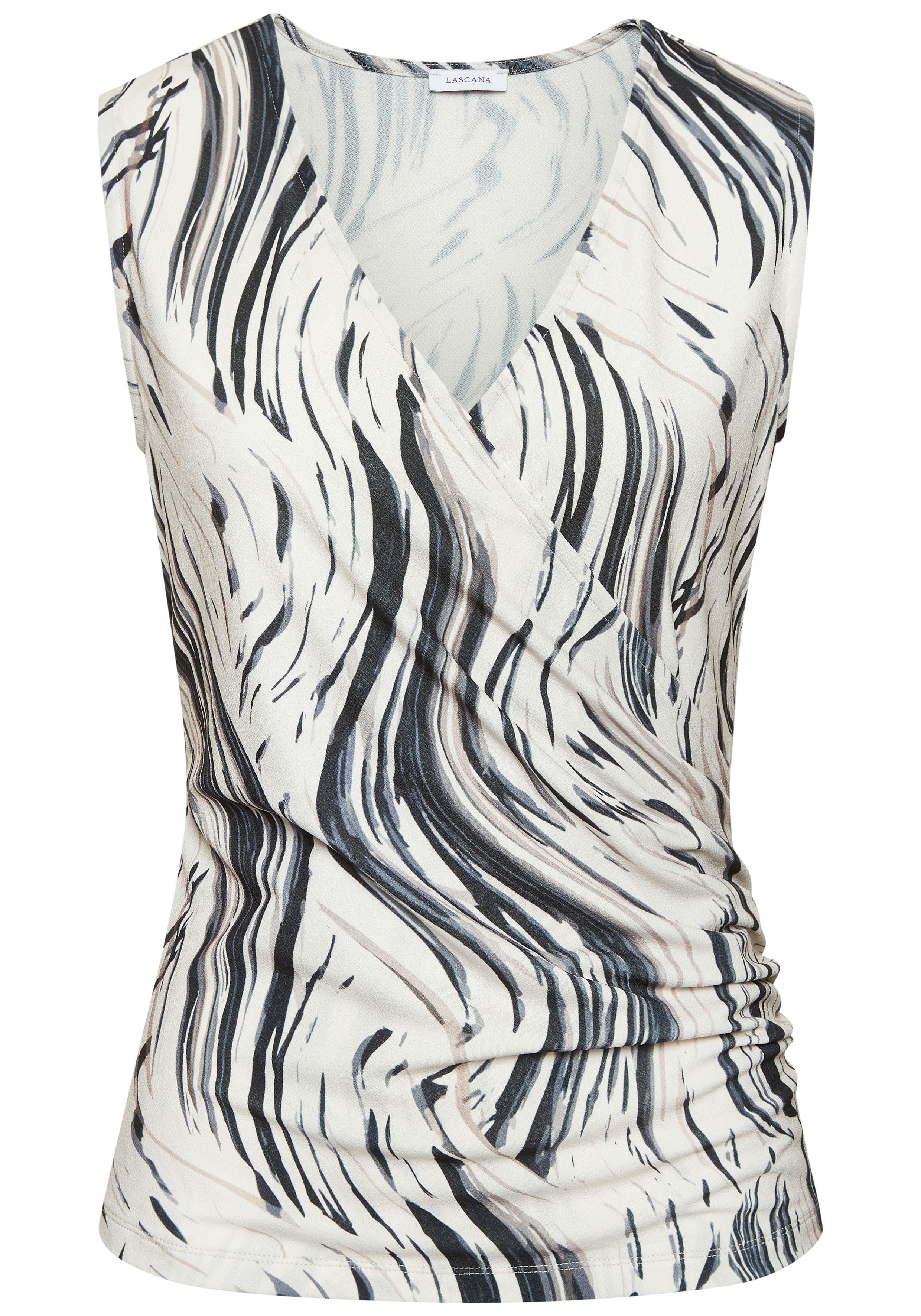 Lascana Tanktop in wikkel-look, blousetop met alloverprint en zijraffing