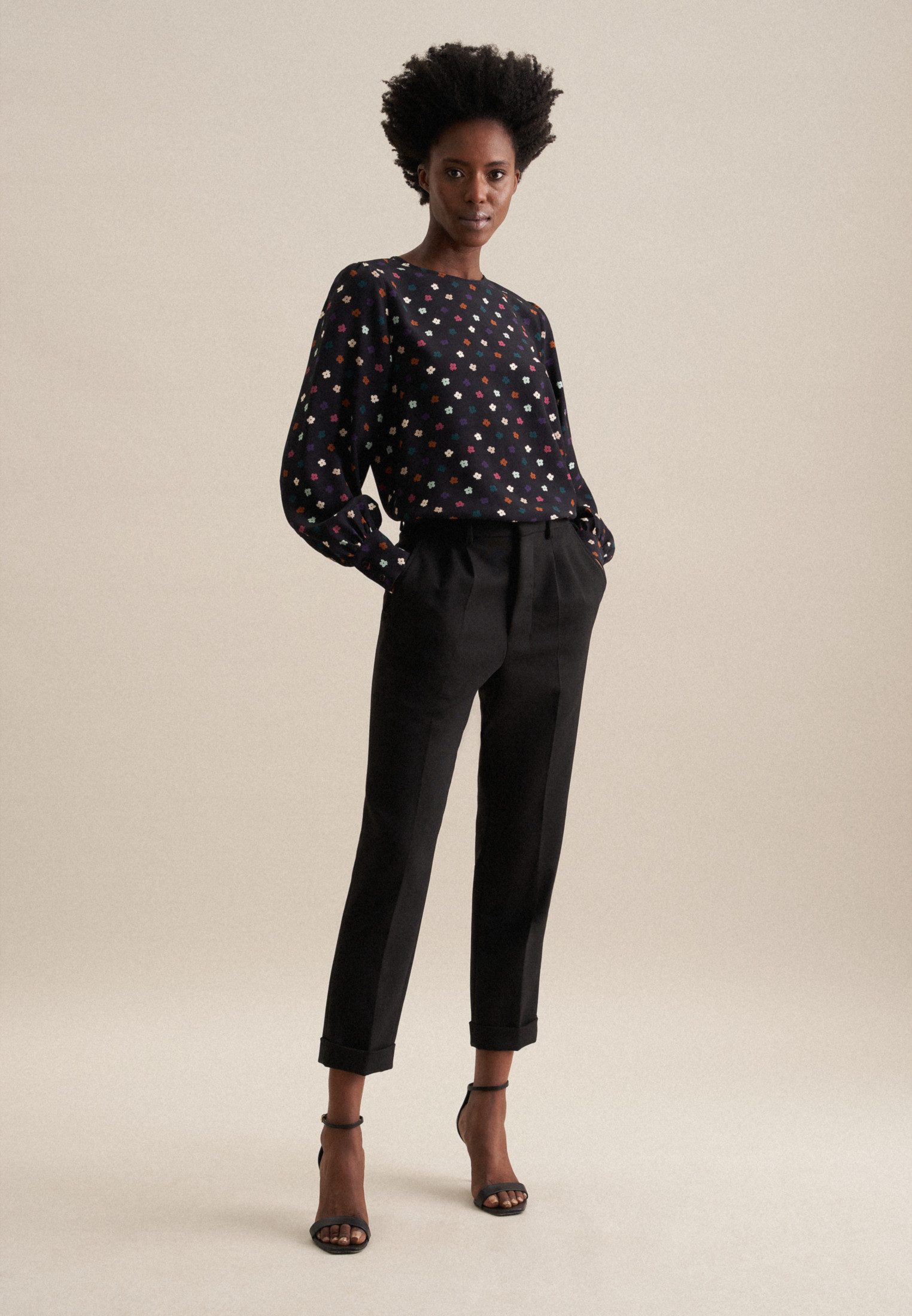 seidensticker Shirtblouse Zwarte roos Lange mouwen ronde hals print