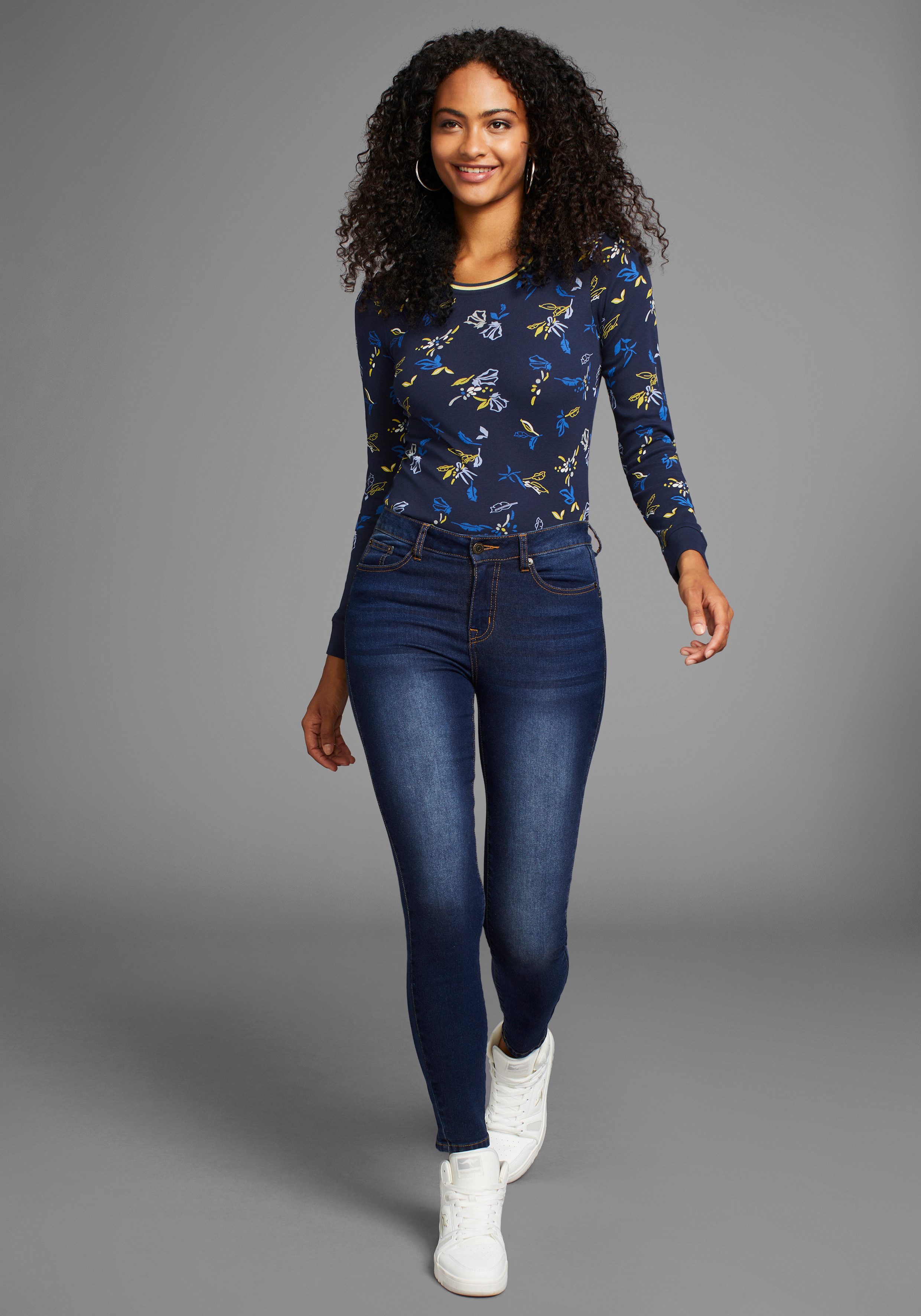 KangaROOS Shirt met lange mouwen met allover-print en contrastdetails