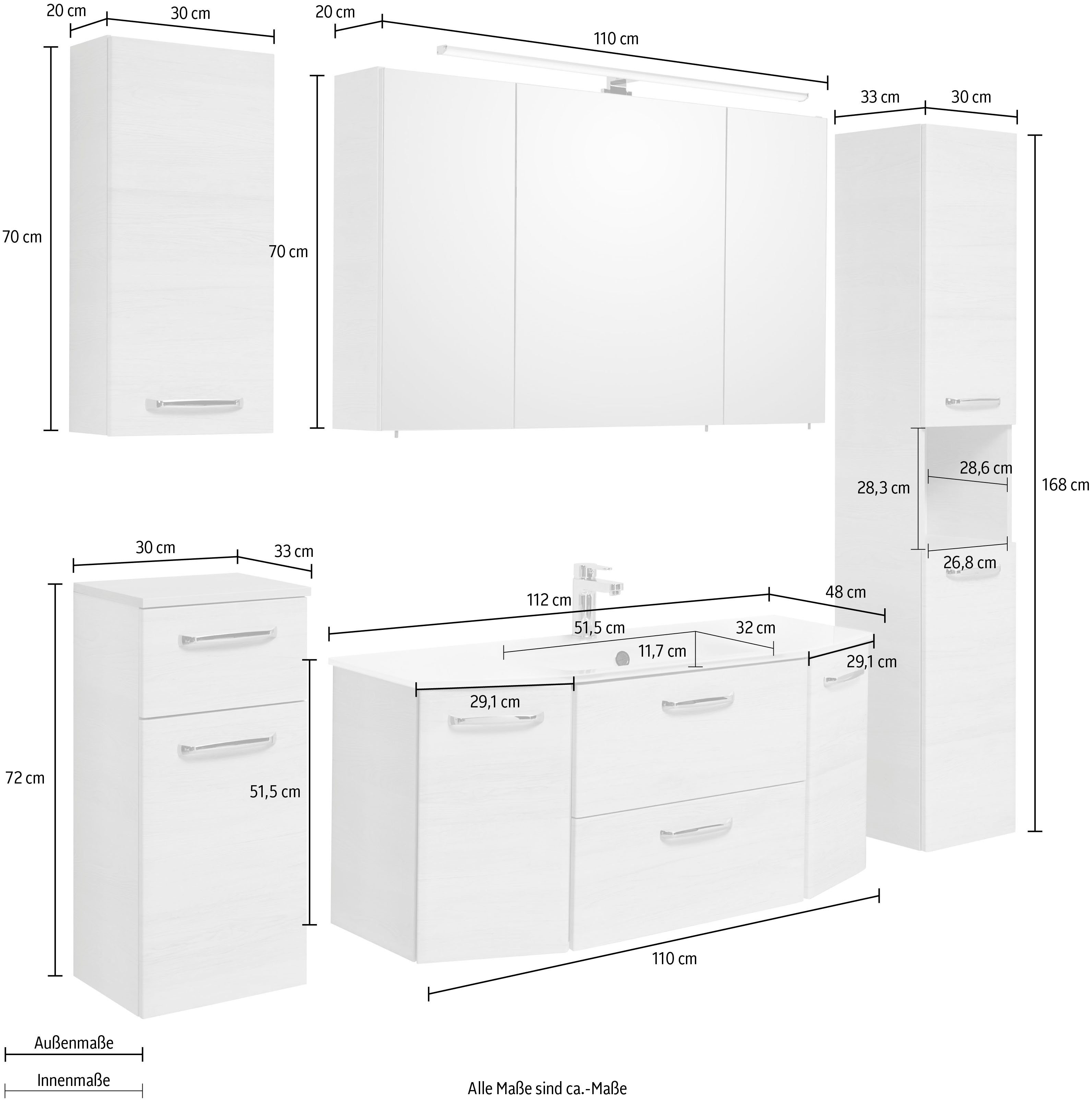 Saphir Badkamerserie Quickset 936 5-delig, keramische wastafel met LED-spiegelkast Wastafelmeubel, inclusief deurdemper, 9 deuren, 1 klep, grepen glanzend chroom (set, 5-delig)