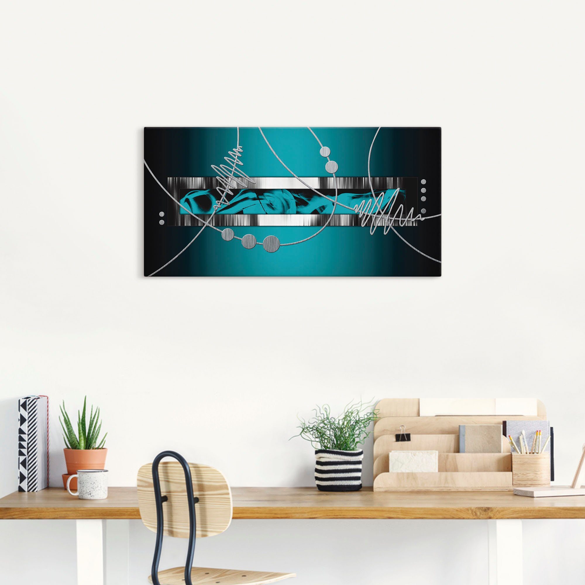 Artland Artprint Zilverkleur abstract op petrol als artprint van aluminium, artprint voor buiten, artprint op linnen, poster, muursticker