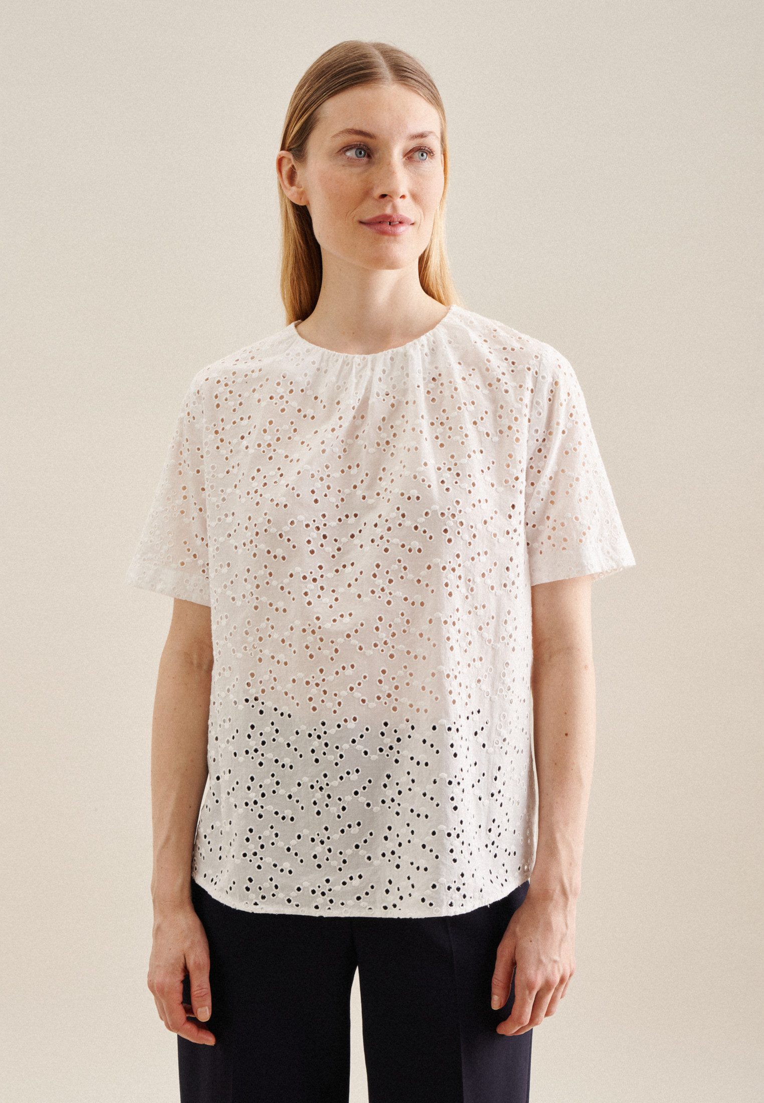 seidensticker Shirtblouse Zwarte roos Korte mouwen ronde hals borduursel dames blouses maat L (40) wit