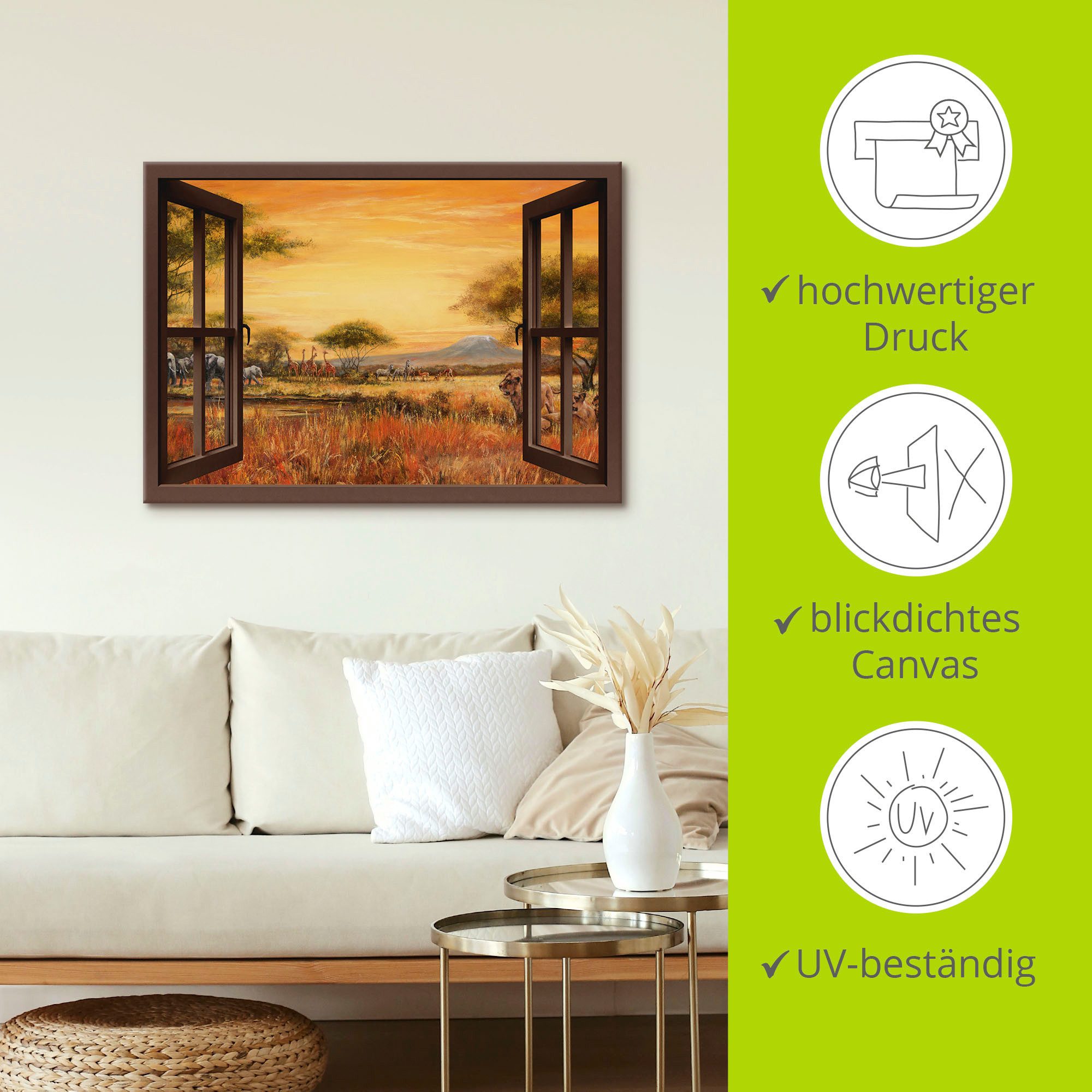 Artland Artprint Blik uit het venster Afrikaanse steppe leeuwen als artprint op linnen, muursticker in verschillende maten